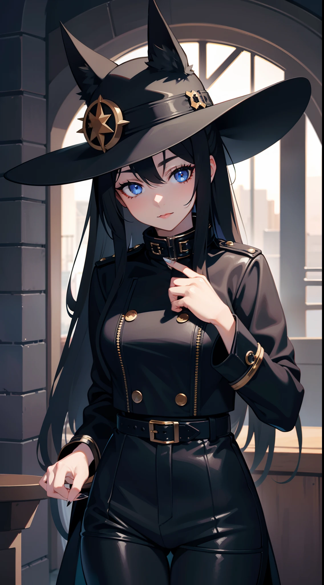 young girl, Long black hair, Fox ears, blue eyes, leather coat, hat, pants, claws, Smoke, Masterpiece, hiquality, 4k, HD, Good detail