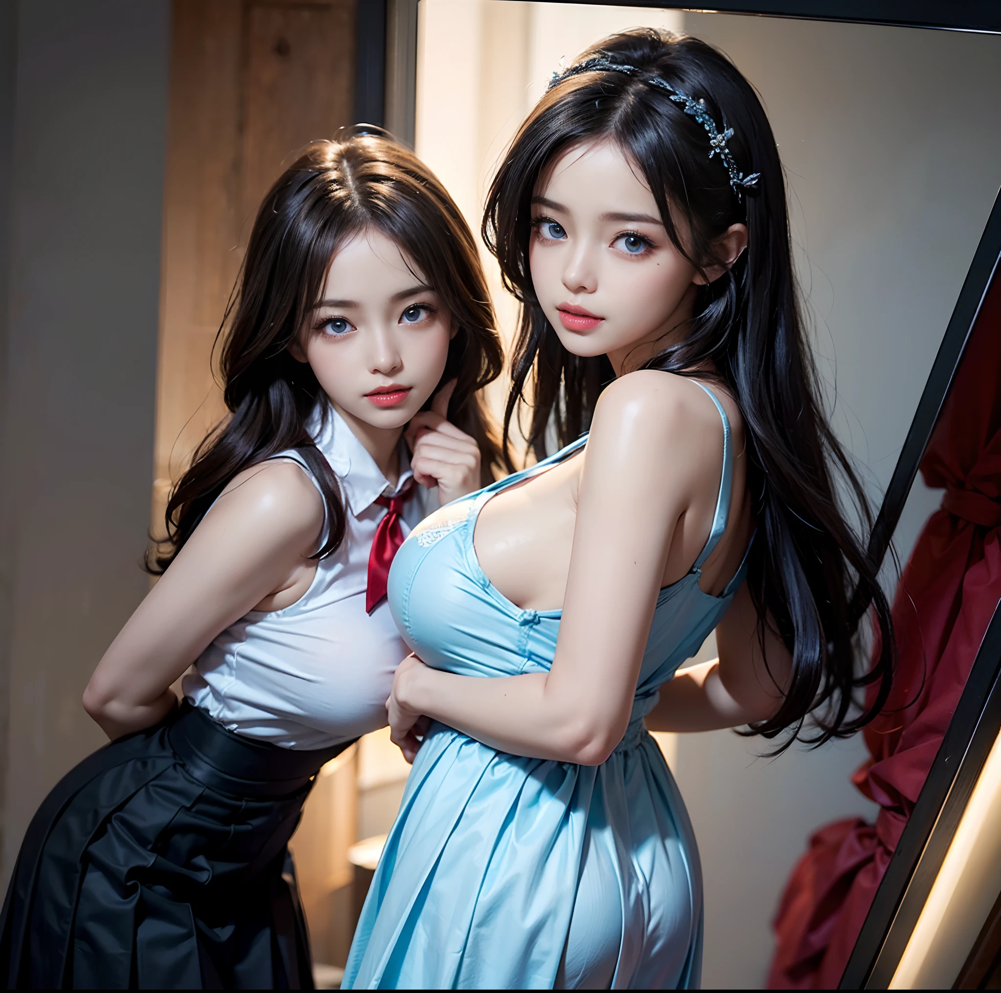 top-quality、 masterpiece、(Professional lighting without shadows)、 A hyper-realistic、 Bewitching、 perfect anatomia、 Two girls, (Girl proudly standing in front of camera shows off her breasts、Another girl on the other side、Bend over and stick your butt out towards the camera), ( Huge breasts:1.3), (Bright and even whitening skin without wrinkles and steps), (Bright beautiful blue eyes with long black eyelashes and red tear bags reflected light:1.7)、 (Braided half-up hair with bangs:1.4), (Her outfit is、Dress up cramped schoolgirl uniform accurately:1.5), (Proudly showing off a crimson ribbon tie from the front:1.3), (Another girl on the other side、To beautifully emphasize the proud ultra mini pleated skirt、Showing off a pose with the buttocks exposed from directly behind:1.3), (Beautiful face squinting in dazzling light:1.6), Satomi Ishihara