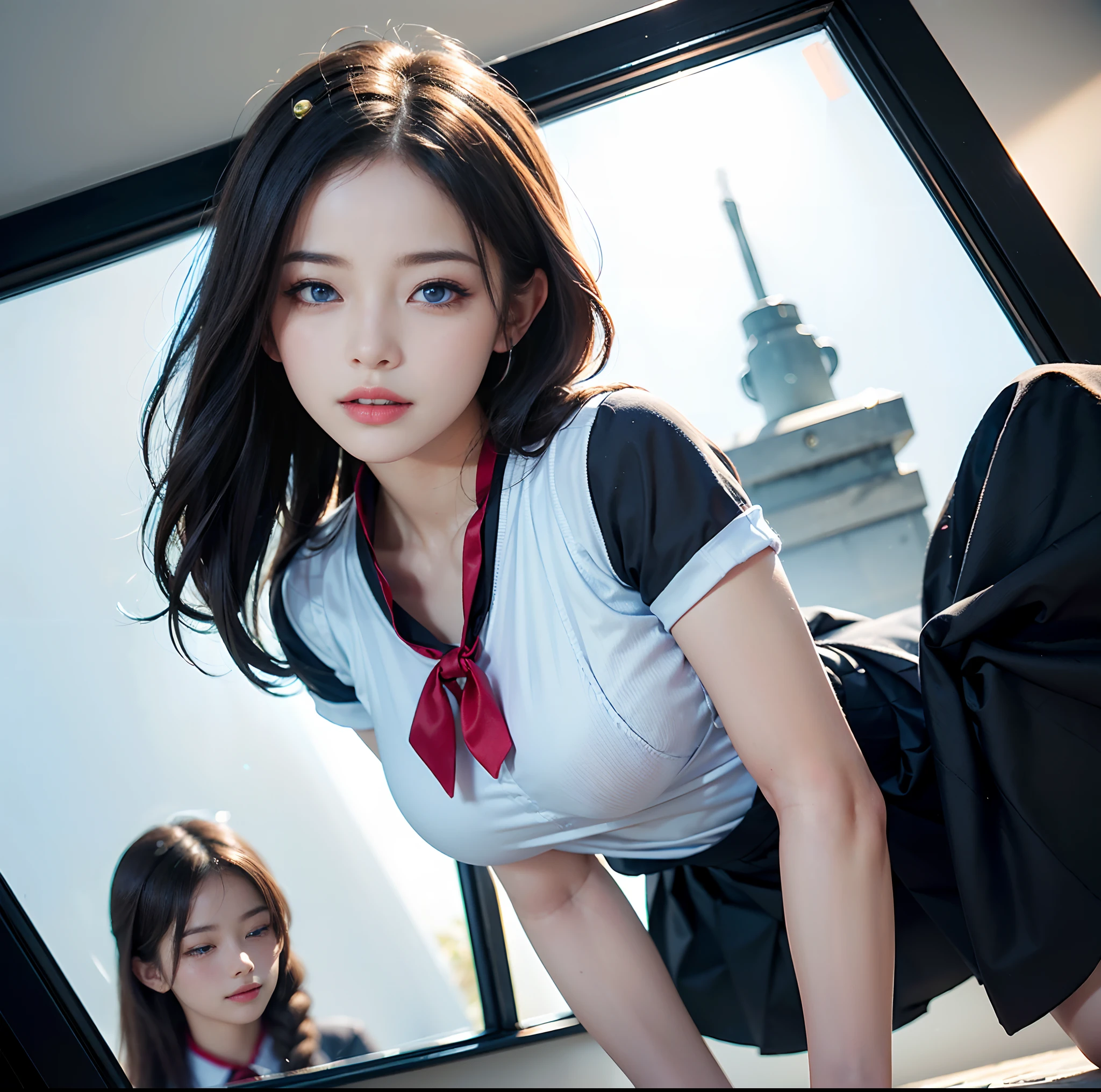 (8k, RAW photo, best quality, masterpiece:1.2), very beautiful girl, have sexy body shape, (squatting, looking at viewer, above view, selfie POV), ((seductive face)), (big breasts), ((short white shirt with 1 pocket:1.2)), ((long red tie, short red skirt)), beautiful delicate eyes, (realistic, photo realistic:1)