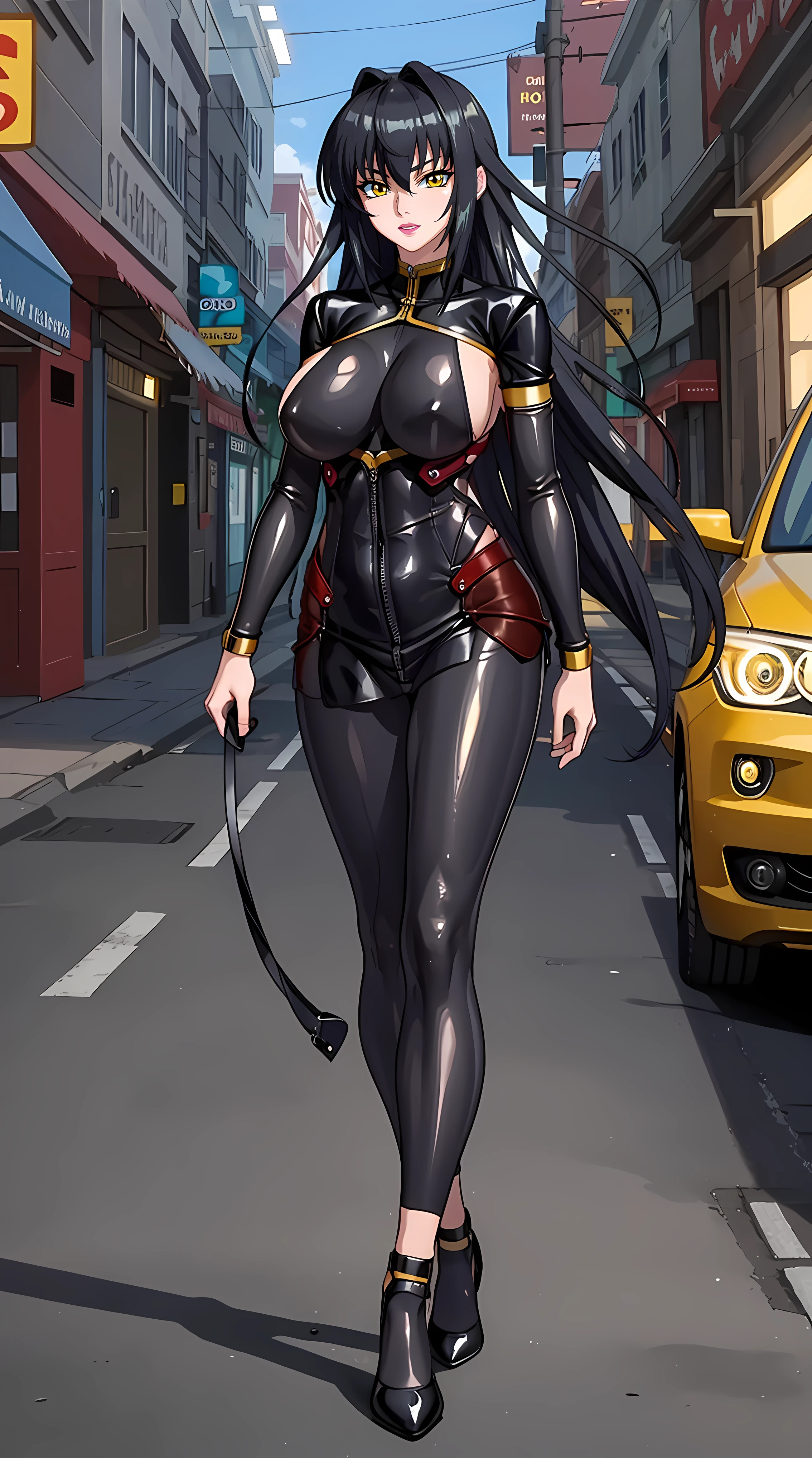 (masterpiece:1.4),(best quality:1.4),  soft lighting, cinematic bloom, beautiful face, beautiful eyes, cowboy shot, studio, photo model,
(Annerose:1), 1girl, solo, female mature, black hair, long hair, yellow eyes, , full , black outfit, higheels, shiny clothes, skin tight, hair intakes, covered , sideboob, extremely detailed character design CG unity 8k HDR, beautiful character design, professional art, (solo:1.5), (half body shot:1.1), (((simple background:1.4,  town, street near river)))