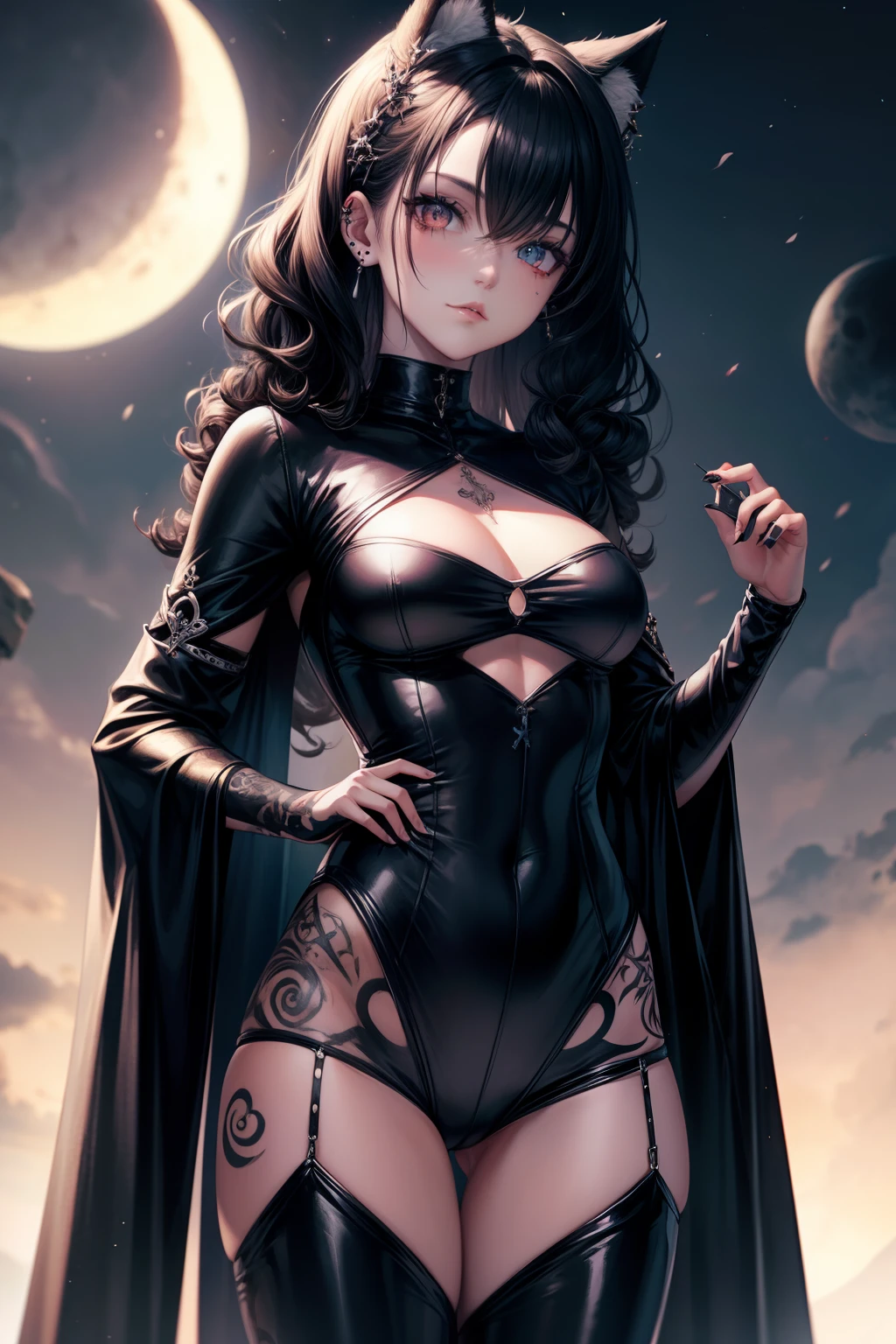 Selene undeworld, Girlfriend wolf, mixed race,piercings, tattooed, tattoo de lua 🌙 na testa, Black catsuit, crosses, A dark-haired, curls,