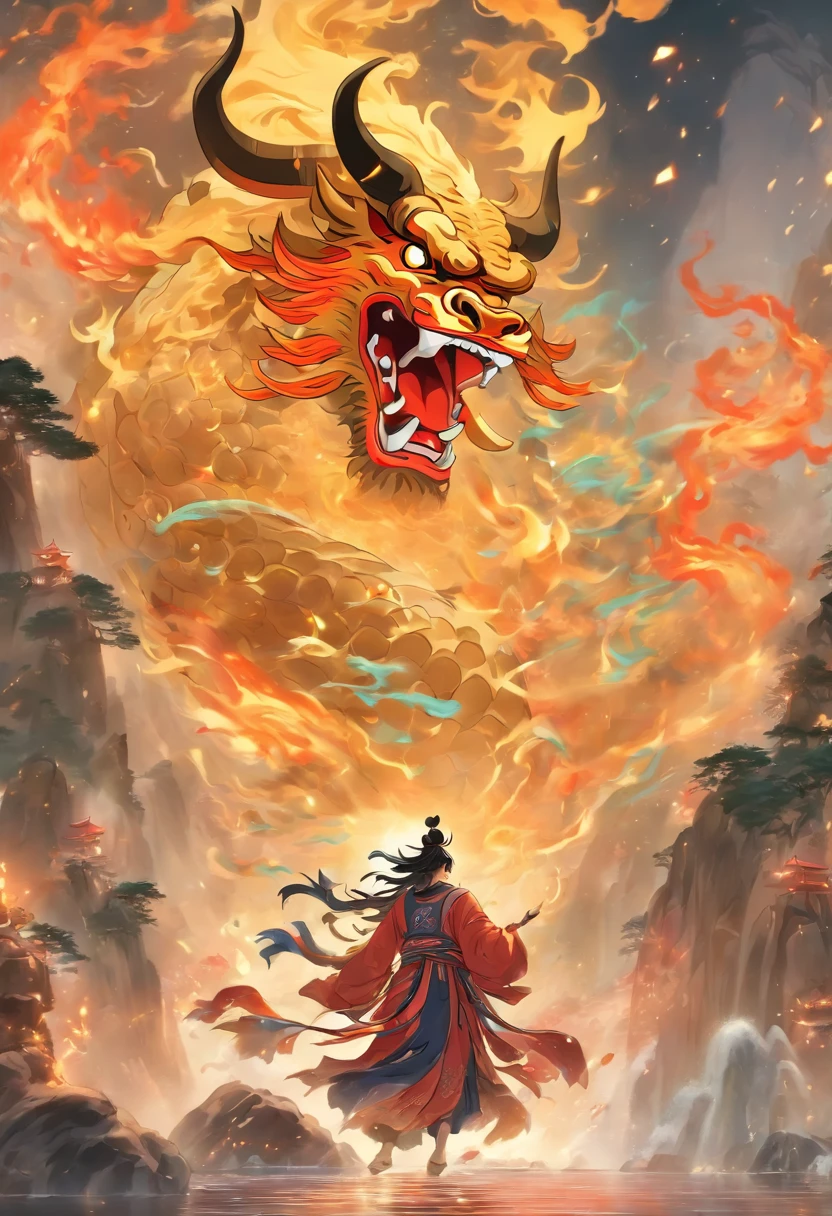 Chinese mythology,Mountain and Sea Sutra,cow head,(((One-legged))),((Spit fire in the mouth)),moor,tmasterpiece,Best picture quality,super-fine,Super magical,ultra - detailed,8K分辨率,OC renderer,dynamic viewing angle