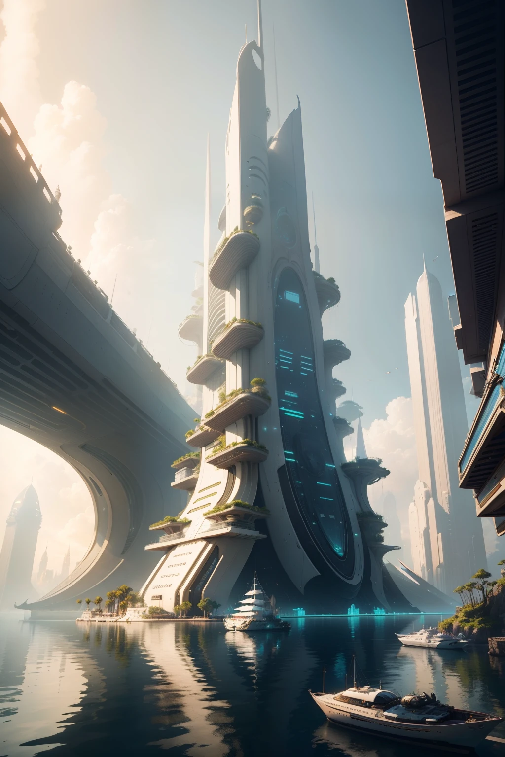 Cidade futuristica,Huge buildings and boats in the water, concept art inspired by Stephan Martinière, cgsociety contest winner, Fantasy art, solarpunk futuristic utopia, stuning fantasy 3 d render, fantasy architecture, futuristic palace, Sunpunk architecture, solarpunk city, in fantasy sci - fi city, solarpunk utopia, solarpunk village