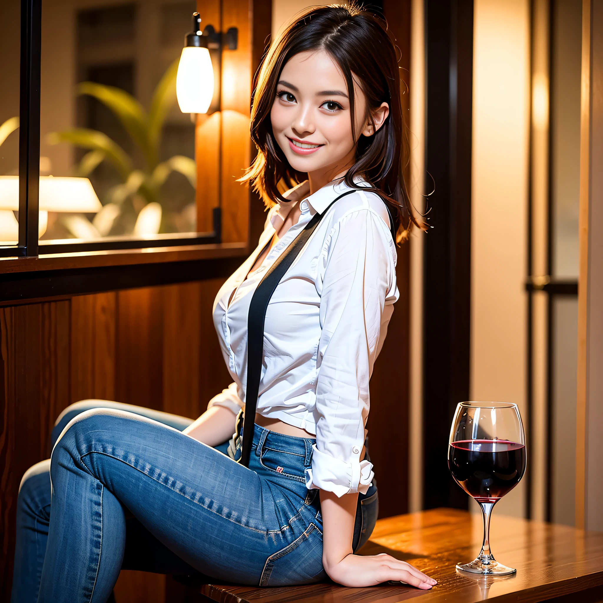 (64K, UHD, top quality, masterpiece: 1.2), (realistic, photorealistic: 1.37), super detailed, pretty woman 1 person, (slim face), (slim body), (brown hair), (short cut), cheeks slightly blushing, (39 years old), 38 years old, solo, beautiful detailed urban night view outside the window, restaurant, wine glass sitting, night, in a prominent place (from the waist up) NovaFrogStyle, Actress, Model, Waist Up, White Wine, Slim, Wine Glass, Super Clean Night View, Wine Glass Put in the Middle, Happy Smile, (Smile: 1.15), Beautiful Fine Eyes, Upper Body, Bust Japan Up, Night, Short, Short, Actress, Model, Waist Up, White Wine, Slim, Wine Glass, Super Clean Night View, Wine Glass Put in the Middle, Happy Smile,