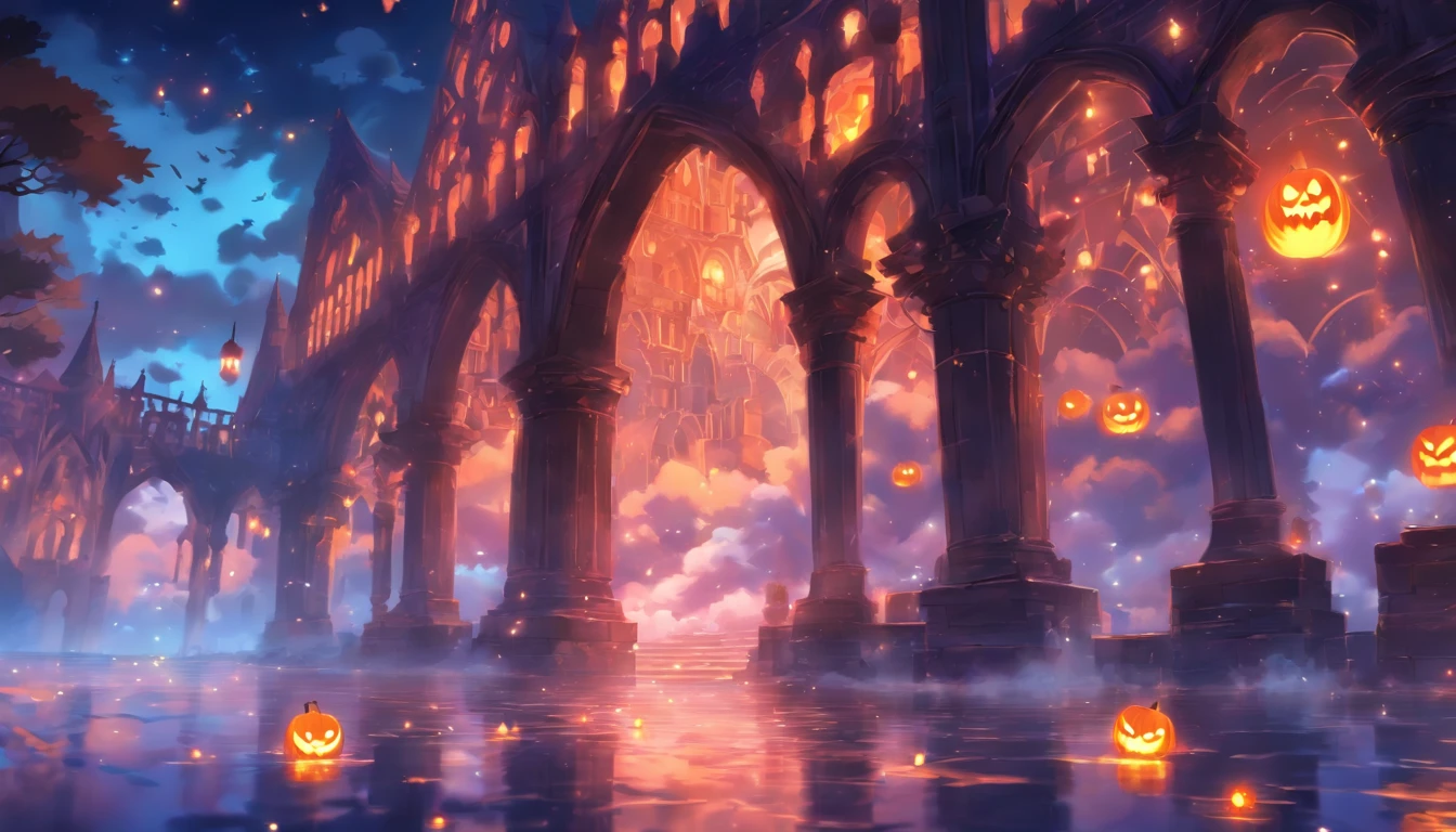 Halloween floating lights anime style, cinematic light and reflections, Glowing lights, Intermediate metaverse elements，Digital painting, glowing reflections, Pondering, Halloween Jack Lantern, calm evening, Digital illustration, Beautiful atmosphere, Skylight at night, Peaceful evening atmosphere, Jack-o'-lantern, Halloween, the night, themoon, game scenes, Halloween, Surrounded by clouds, Architecture of medieval Europe, glazed tiles, European Union, Gorgeous colors, There are three arches in the foreground((Color ink)), ( (Splash ink ) ), ((Splash ink) Inky})), tmasterpiece, high qulity, Beautiful graphics, high detal,Magnificent