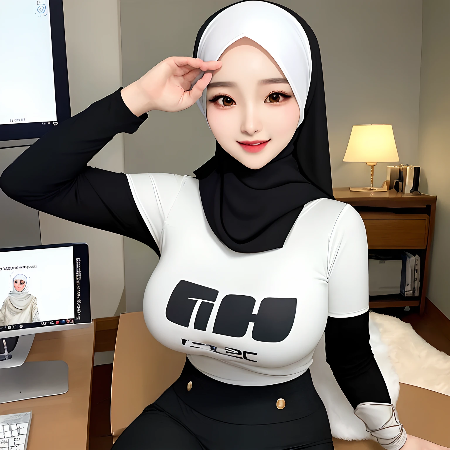 Hijab,realistic,kpop idol,1girl,korean girl,sexy,beautiful,he tall,super big breast,(P cup),happy and smile very detailed face,t-shirt,hijab,and long tight pants outfit,in bedrom,table,chair,computer,earphone,handphone,hijab girl is player mobile gameplay