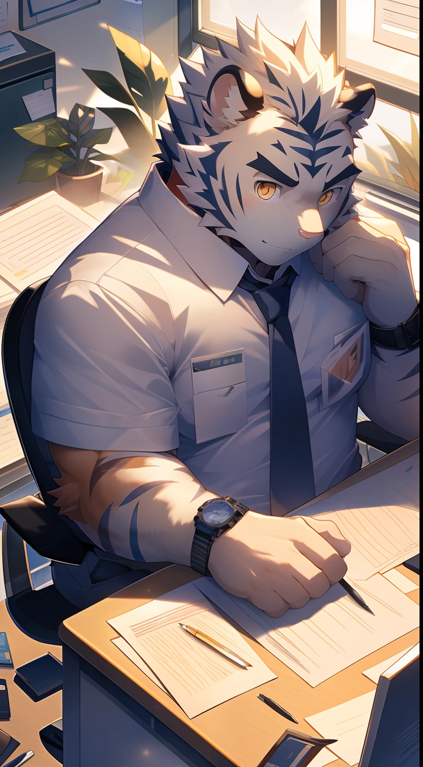 tmasterpiece, high-definition photograph, Perfect anatomy, Anthropomorphic white tiger, male people, 20yr old, Deities, Light blue stripes, Strong body, large pecs, Pink milk clusters, medium bulge, He sat behind his desk, Wear white tight suit pants, Shirtless, Sign the document,(In the office:1.5), Mysterious Expression, Be red in the face, Golden pupils, Look ahead, Expensive watches, Clear facial features, Strong, Solo, office desk, Greenery, papers, Computer, Office supplies, Leather sofa, tack sharp focus,volume fog,8K UHD,Digital SLR,high qulity,(filmgrain:1.4),Fujifilm XT3,full bodyesbian