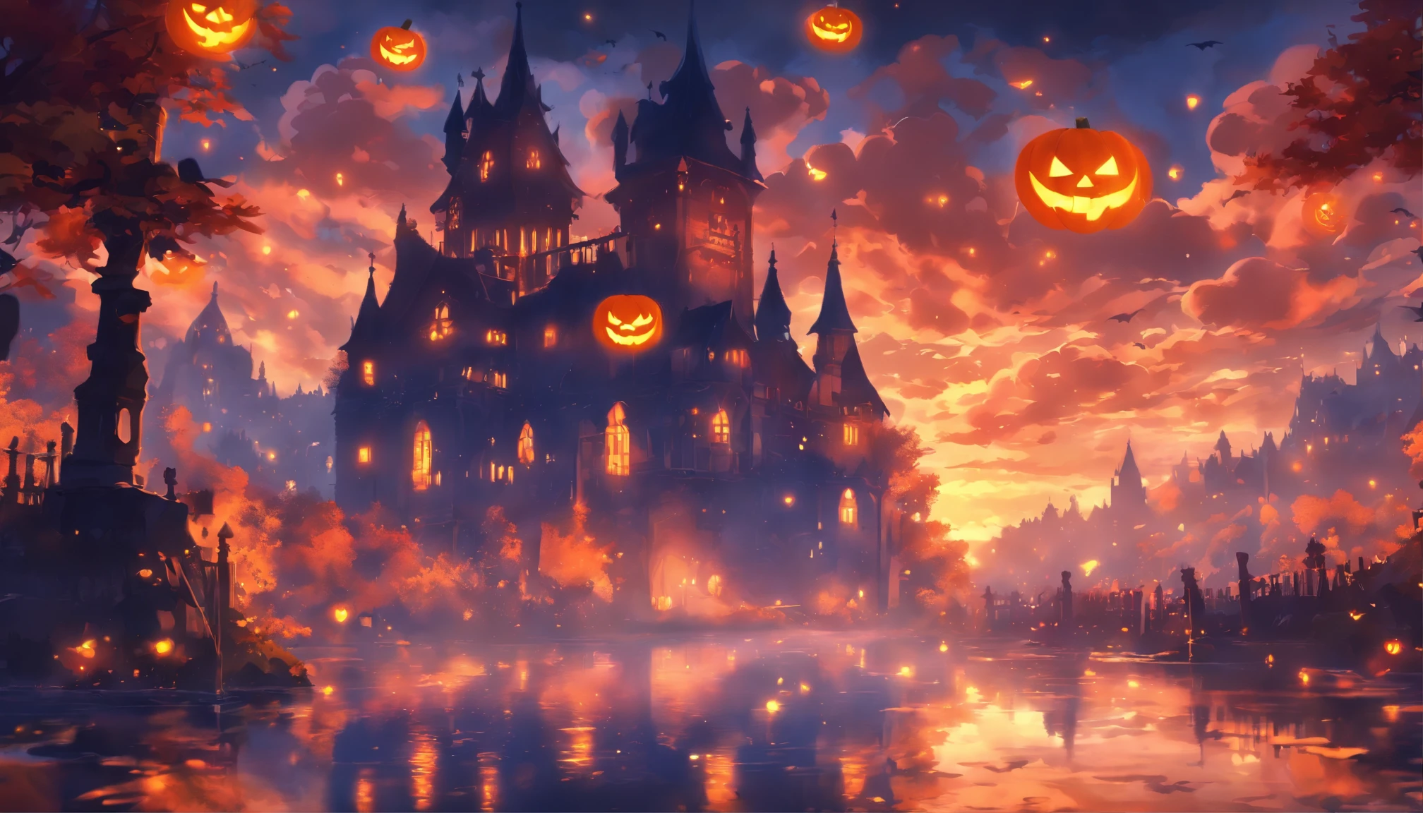 Halloween floating lights anime style, cinematic light and reflections, Glowing lights, Intermediate metaverse elements，Digital painting, glowing reflections, Pondering, Halloween Jack Lantern, calm evening, Digital illustration, Beautiful atmosphere, Skylight at night, Peaceful evening atmosphere, Jack-o'-lantern, Halloween, the night, themoon, game scenes, Halloween, Surrounded by clouds, Architecture of medieval Europe, glazed tiles, European Union, Gorgeous colors, There are three arches in the foreground((Color ink)), ( (Splash ink ) ), ((Splash ink) Inky})), tmasterpiece, high qulity, Beautiful graphics, high detal,Magnificent