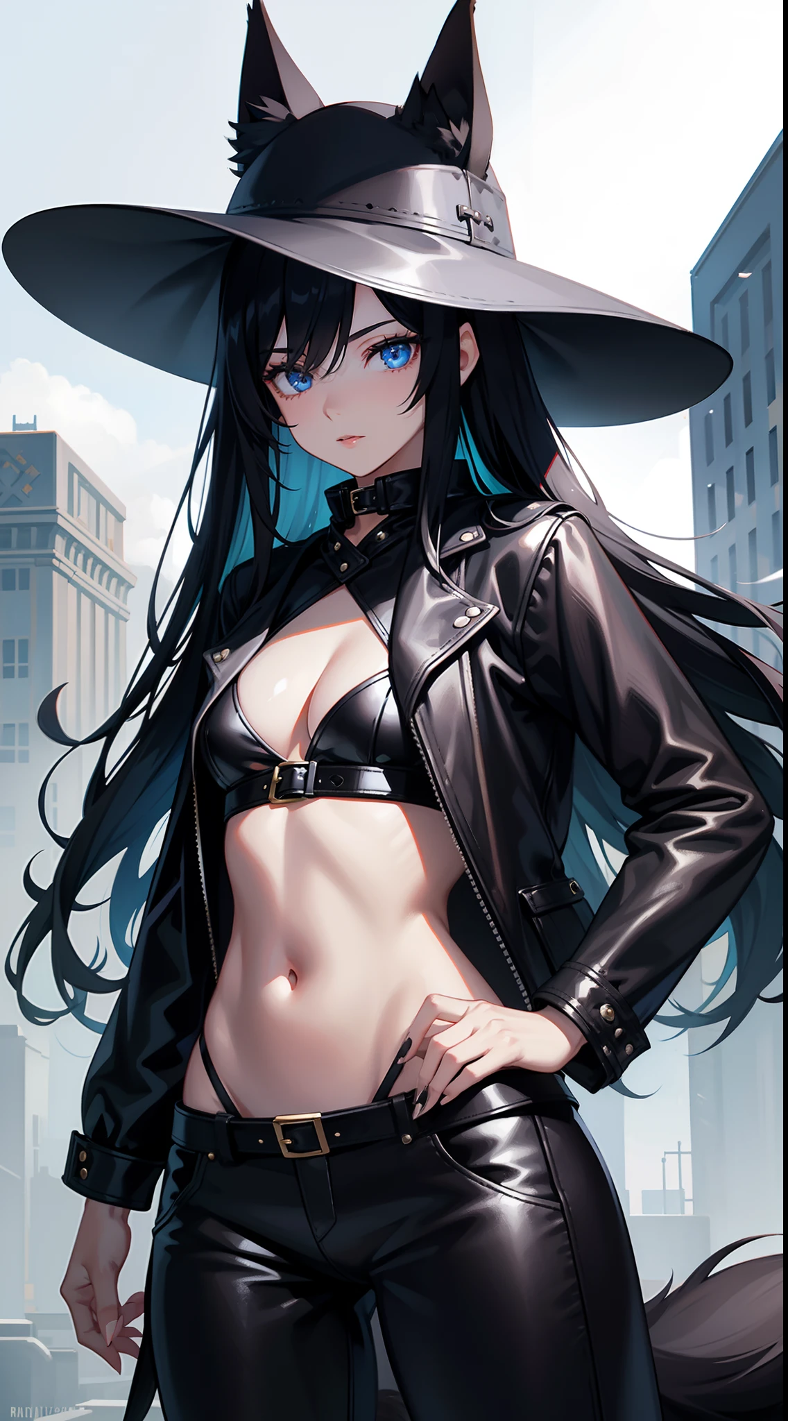 young girl, Long black hair, Fox ears, blue eyes, leather coat, hat, pants, claws, Smoke, Masterpiece, hiquality, 4k, HD, Good detail