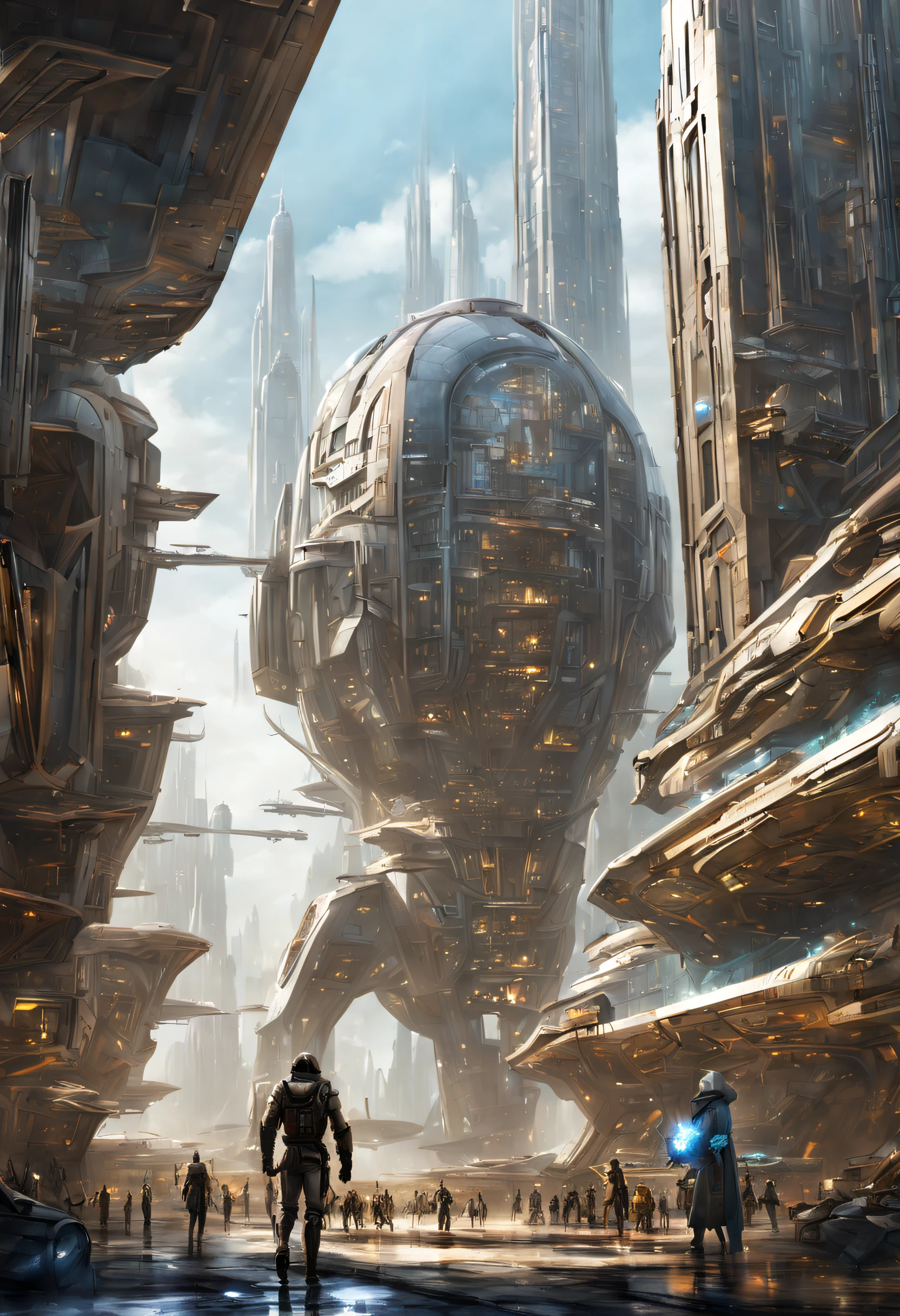 On an unknown planet there is a futuristic city with immense buildings of technological design que forman una infinita avenida, con estructuras acristaladas en plata, oro y bronce espectaculares en la que sobrevive un robot femenino espectacular. con colores vivos. pavimento ensolado. gente paseando. cierto aire a coruscant.