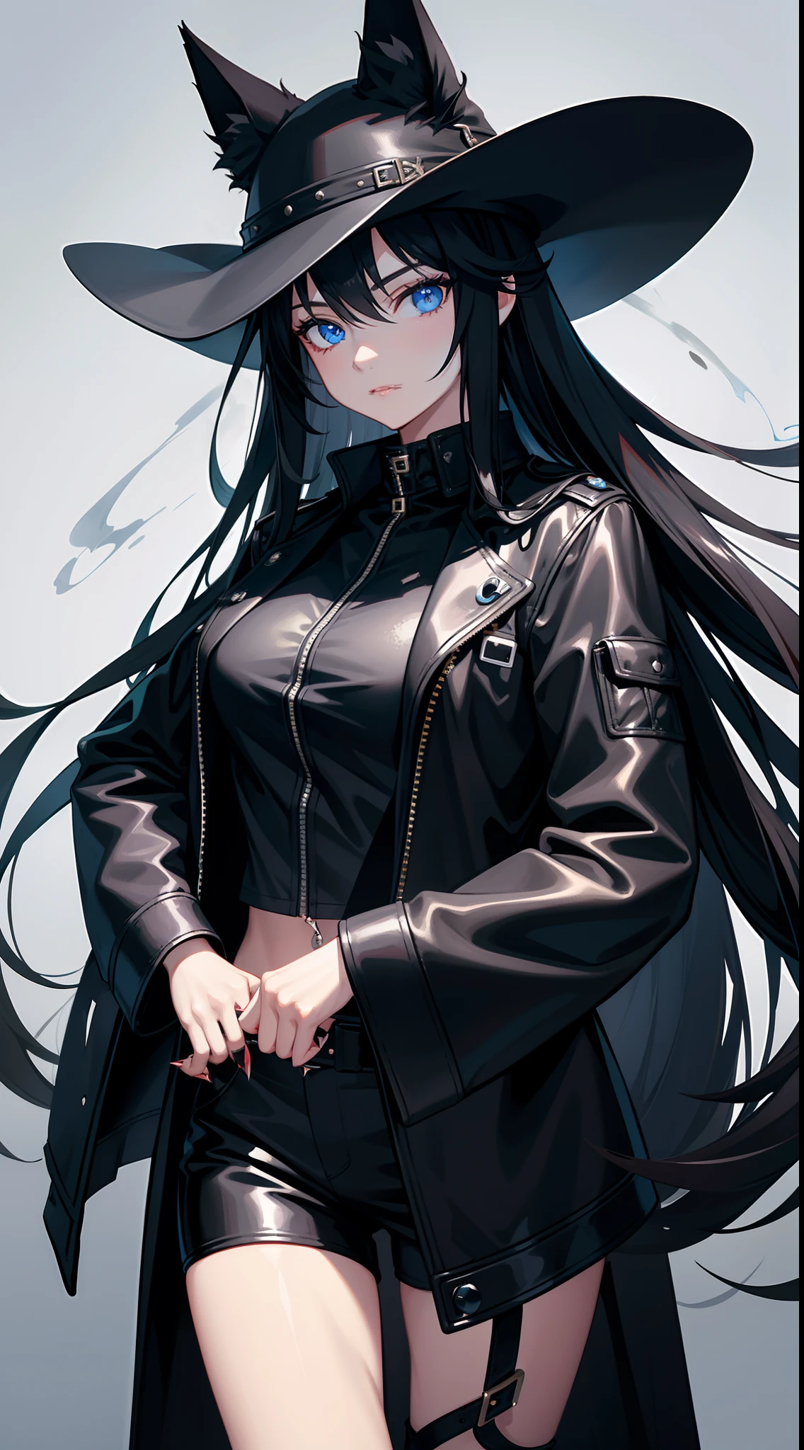 young girl, Long black hair, Fox ears, blue eyes, leather coat, hat, pants, claws, Smoke, Masterpiece, hiquality, 4k, HD, Good detail