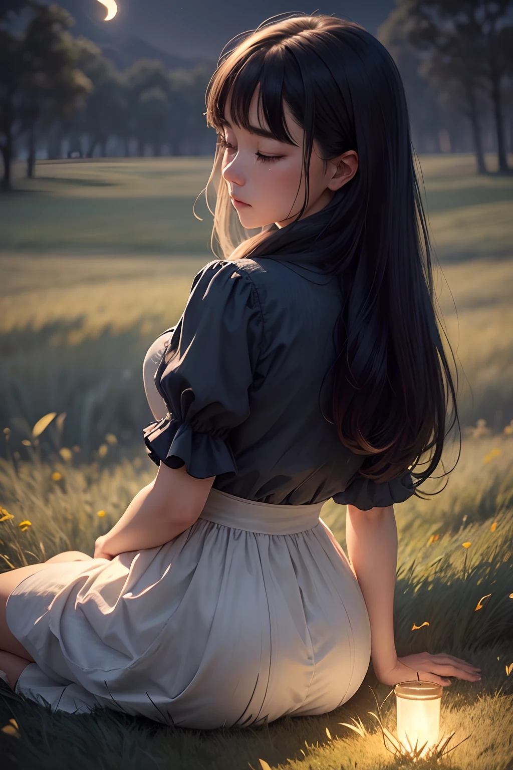 Realistic depiction of a woman sitting on a moonlit grass,Her back appeared brighter in the moonlight。Her cries and stories poured out,Subverts the calm on the meadow。The details of the entire scene are depicted as much as possible,It is as if you can smell the moonlight and the meadow。