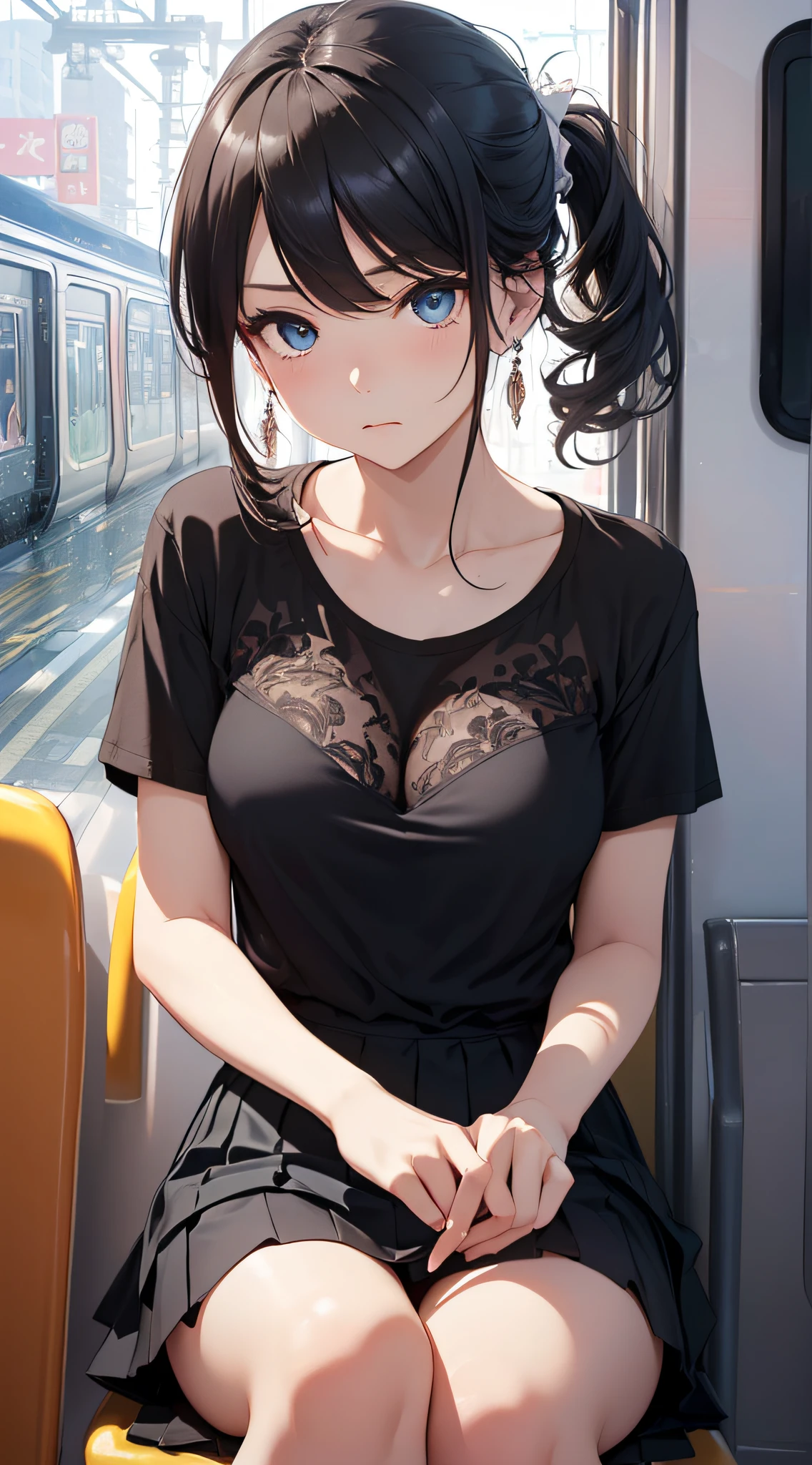 woman, long brown hair, bangs, wearing skirt and a very low cut crop top, cleavage, downblouse, spread legs wide, detailed eyes, sitting down in the back of the bus, Point of view from bus seat directly to her right, seductive, alluring, best quality masterpiece, detailed, 8k, HDR, shallow depth of field, broad light, high contrast, backlighting, bloom, light sparkles, chromatic aberration, smooth, sharp focus, peeing herself, piss dripping, pissing, puddle