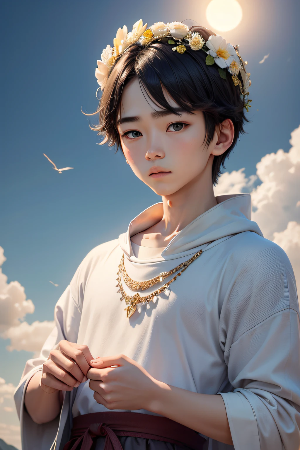 A beautiful boy boy man，Stand under the blue sky，Asian looks，korean people，Korean boy，Beautiful Korean boy，It's so beautiful，It seems like a girl，breathtaking beauty，Closed moon shame flower，Fifteen or sixteen years old，Almost an adult，largeeyes，Looks like a girl，Big winter，The clothes were tightly wrapped，without a beard，No muscles，appropriatelydressed，Wearing a flower crown on his head，Jewelry riddled，Jewelled，Very rich，Jewelry sparkles，The expression is gentle，Fit for good