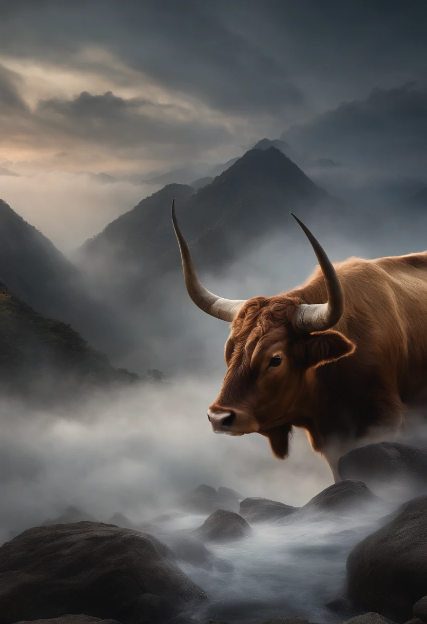 Chinese mythology，Mountain and Sea Sutra，cow head，（（（One-legged））），（（Spit fire in the mouth）），moor，tmasterpiece，Best picture quality，super-fine，Super magical，ultra - detailed，8K分辨率，OC renderer，dynamic viewing angle