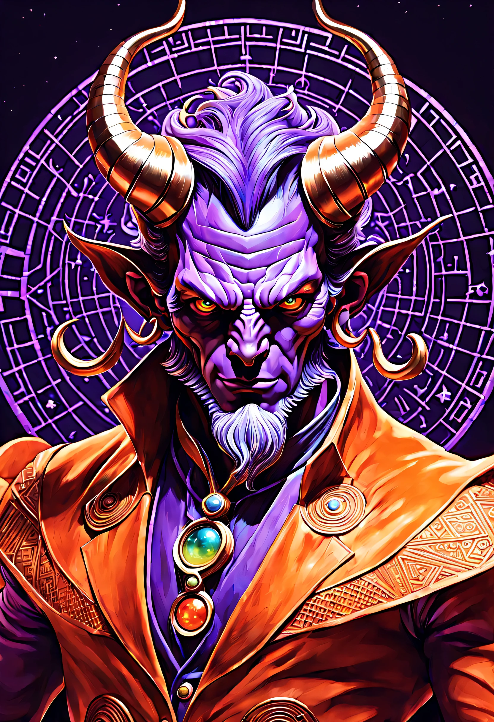 hyperrealistic art breathtaking male Devil, embodiment of evil, cunning and charismatic, red skin, devil horns, fantasy, Midlife Angular, Gypsies, Golden eyes, Bulbous Nose, V-Shaped Chin, Square Jaw, Athletic Triceps, , Lavender Top knot hair, Anticipation,, Arcane Focus, Pointing at a specific target for concentrated magic, Alchemist, (Geocentric,fata morgana,Zigzag lines,Dotted lines,Unearthly,Vibrant,Transcendent,Tangerine Illustrious ,Bioart Tool (lab equipment for bioart),Magnetic Hoverpads and Walkways Vibration,Rotation,Gaseous magic:1.0) Time manipulation, Neo-Noir , Chanting ancient incantations, giving voice to powerful spells, Halo, perfect hands, SimplepositiveXLv1,Ultra High Resolution, wallpaper, 8K,Rich texture details, hyper detailed, detailed eyes, detailed background, dramatic angle, professional lighting,epic composition, . award-winning, professional, highly detailed . extremely high-resolution details, photographic, realism pushed to extreme, fine texture, incredibly lifelike