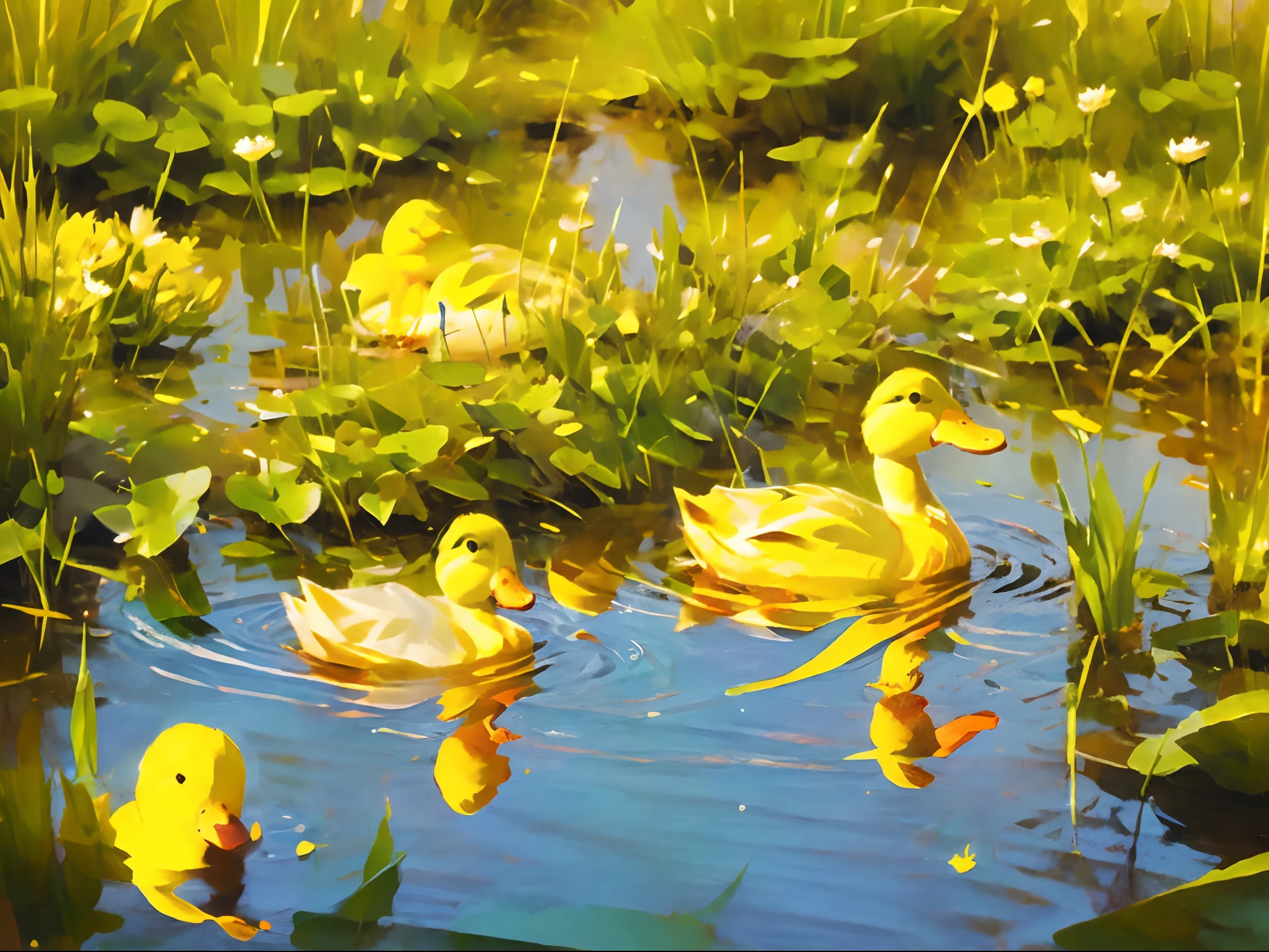 painting of (cute yellow ducks) for kids, grass field and reflective pond, blue sky with sun