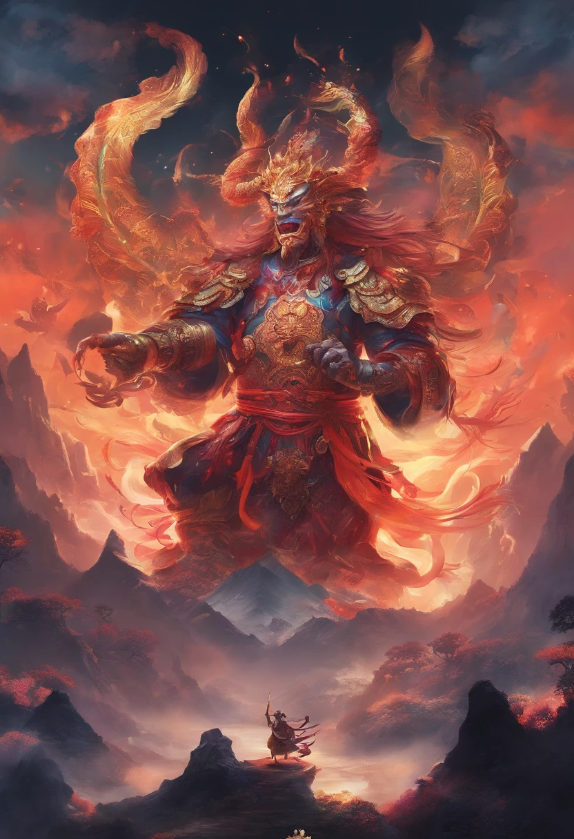 Chinese mythology，Mountain and Sea Sutra，cow head，（（（One-legged））），（（Spit fire in the mouth）），moor，tmasterpiece，Best picture quality，super-fine，Super magical，ultra - detailed，8K分辨率，OC renderer，dynamic viewing angle
