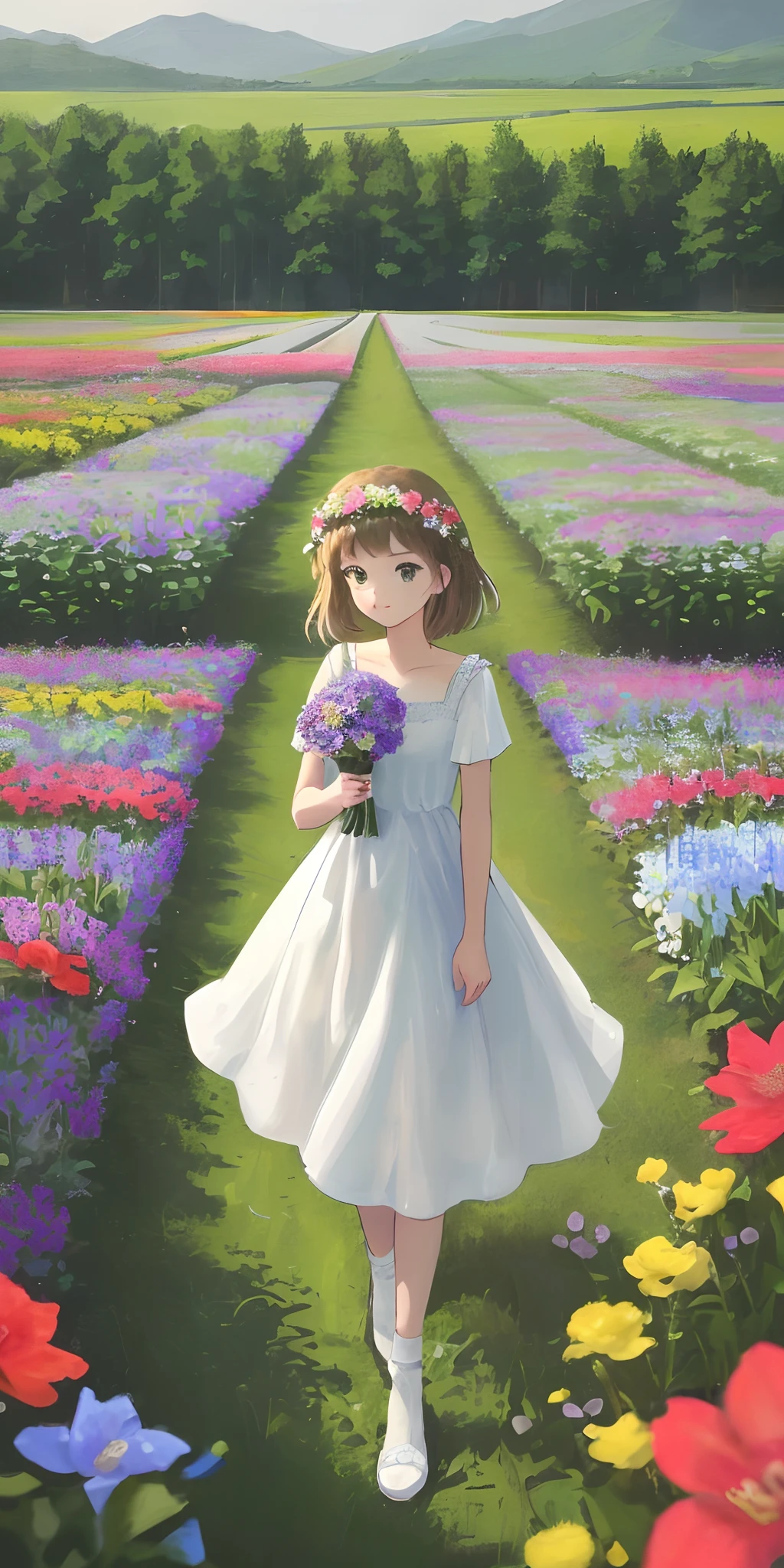 there is a  girl in a red and white dress holding a bouquet, girl in flowers, picking flowers, holding flowers, picking up a flower, girl standing in flower field, girl standing in a flower field, flowers on heir cheeks, girl in a flower field, portrait of girl in flower field, girl walking in forest, girl with a flower head