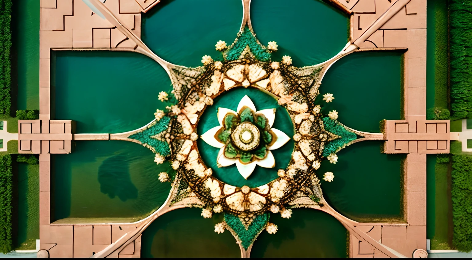 Aerial view of the square building with a fountain in the middle, a beautiful buddhist mandala, giant lotus mandala, color aerial photo drone, upper view, top - view, View from above, Yantra, looking from above, shot from above, photo taken from above, nanquan, top - down view, Top-down view, looking from above, top down shot