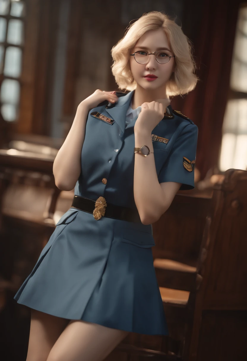 NSTDA., ((masterpiece, bestquality)), (oily shiny skin), (UHD, 8k Wallpaper, high-res), Cinematic lighting, Physically Based Rendering, Award-winning, very detailed skin, Ultra-detailed face, eyes with beautiful details, Carl Zeiss 85mm. F/1.4, (((1 male and 1 female, have sex))), (สไตล์คนชอบสุนัข:1.3), ( On the chest and thighs), The 16-year-old schoolgirl is very cute., (Blonde Hair, Cut Bob Short, Blue Eyes, round face, Black Glasses), Medium-sized breasts with cleavage., (Wet white shirt), ((Raised navy pleated skirt)), (Noseblush, naughty), Look away., drooling, Lean forward, Thigh gaps, Focus on the thighs., in a classroom, Blue Hour, (1 man is an old man., Wear a conscription uniform., He grabbed her waist and stroked his crotch from behind.:1.5), Shot from the side., Shot from the bottom.,