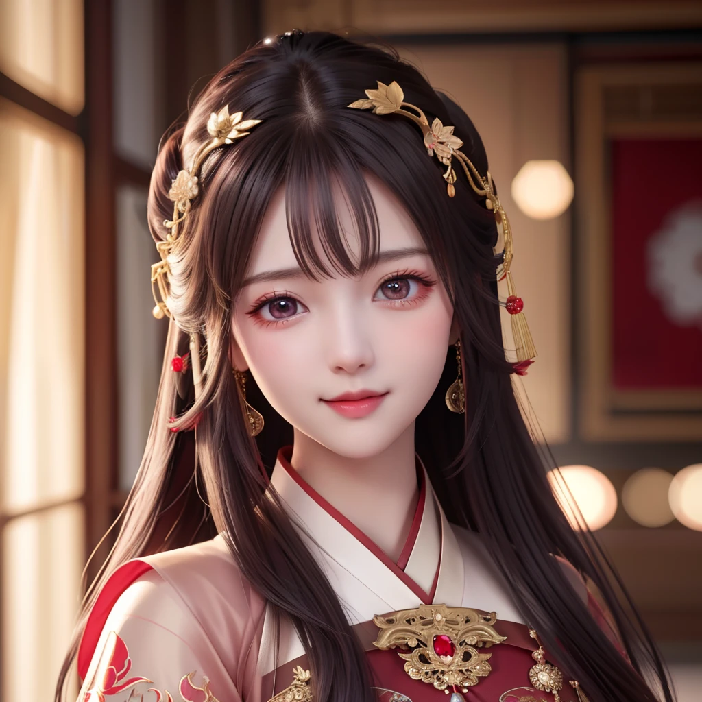 best quality, masterpiece, highres, 1girl,blush,(seductive smile:0.8),star-shaped pupils,china hanfu in red, very luxury, luxury hair ornament, luxury necklace, jewelry,Beautiful face,upon_body, tyndall effect,photorealistic, dark studio, rim lighting, two tone lighting,(high detailed skin:1.2), 8k uhd, dslr, soft lighting, high quality, volumetric lighting, candid, Photograph, high resolution, 4k, 8k, Bokeh