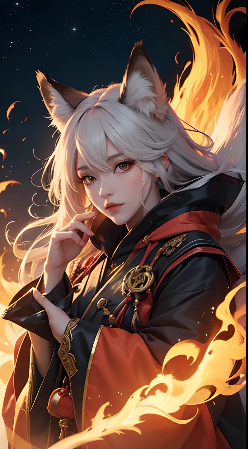 1girl,solo,, official art, unity 8k wallpaper, ultra detailed, beautiful and aesthetic, beautiful, masterpiece, best quality,, Kitsune witch, fox mask, haori jacket, foxfire spell, fox familiar, transformation, --auto