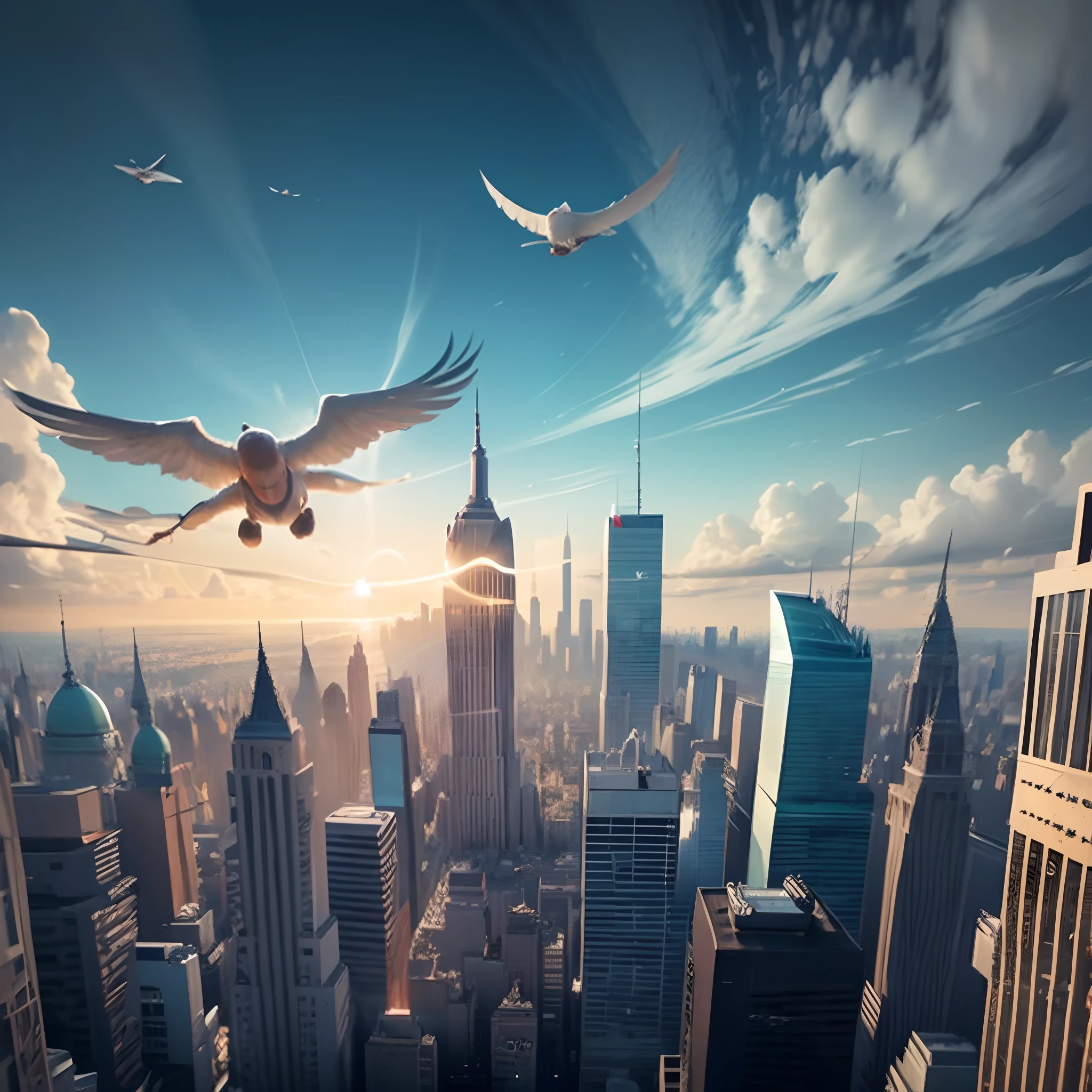 boys flying above a city masterpiece elegant, intricate, beautiful, 8k uhd, best quality --auto --s2