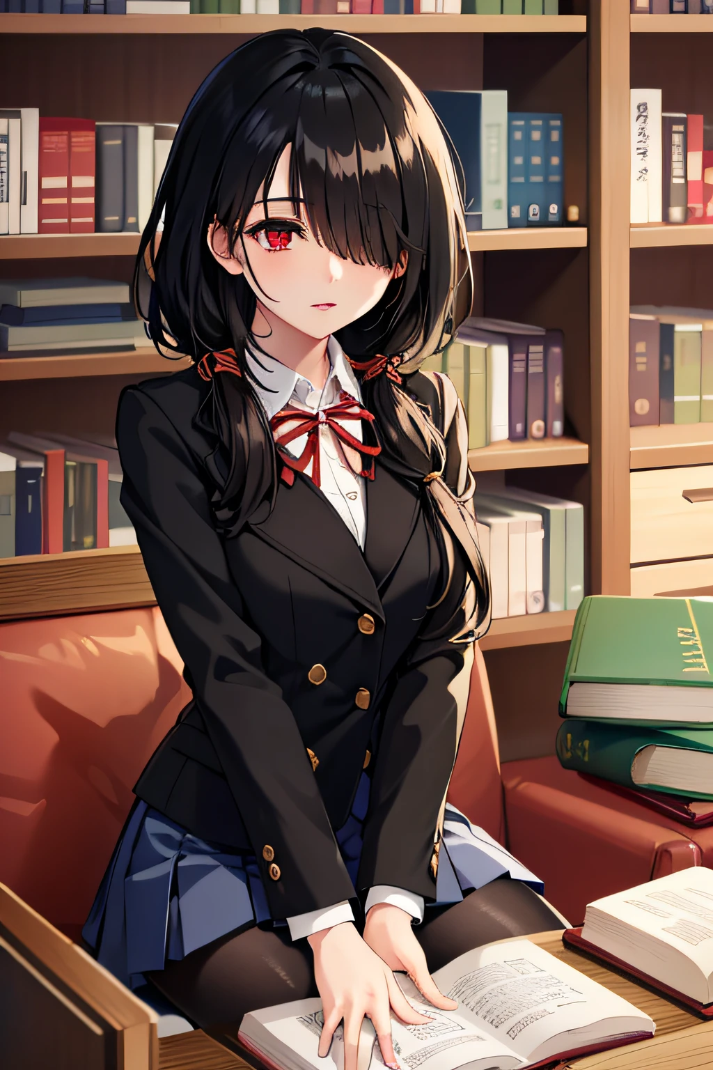 masutepiece, Best Quality, kurumitokisaki, Kurumi Tokisaki, clock eyes, Black hair, low twintails, (Hair over one eye:1.5), (Red Eyes:1.2), School uniform, Jacket, pantyhose, Pleated skirt, Black pantyhose, White shirt, looking at book, Library, bookshelf, (Beautiful detailed eyes:1.6), (Perfect hands, Perfect Anatomy), pile of books, desk work, sitting in the couch, Petite