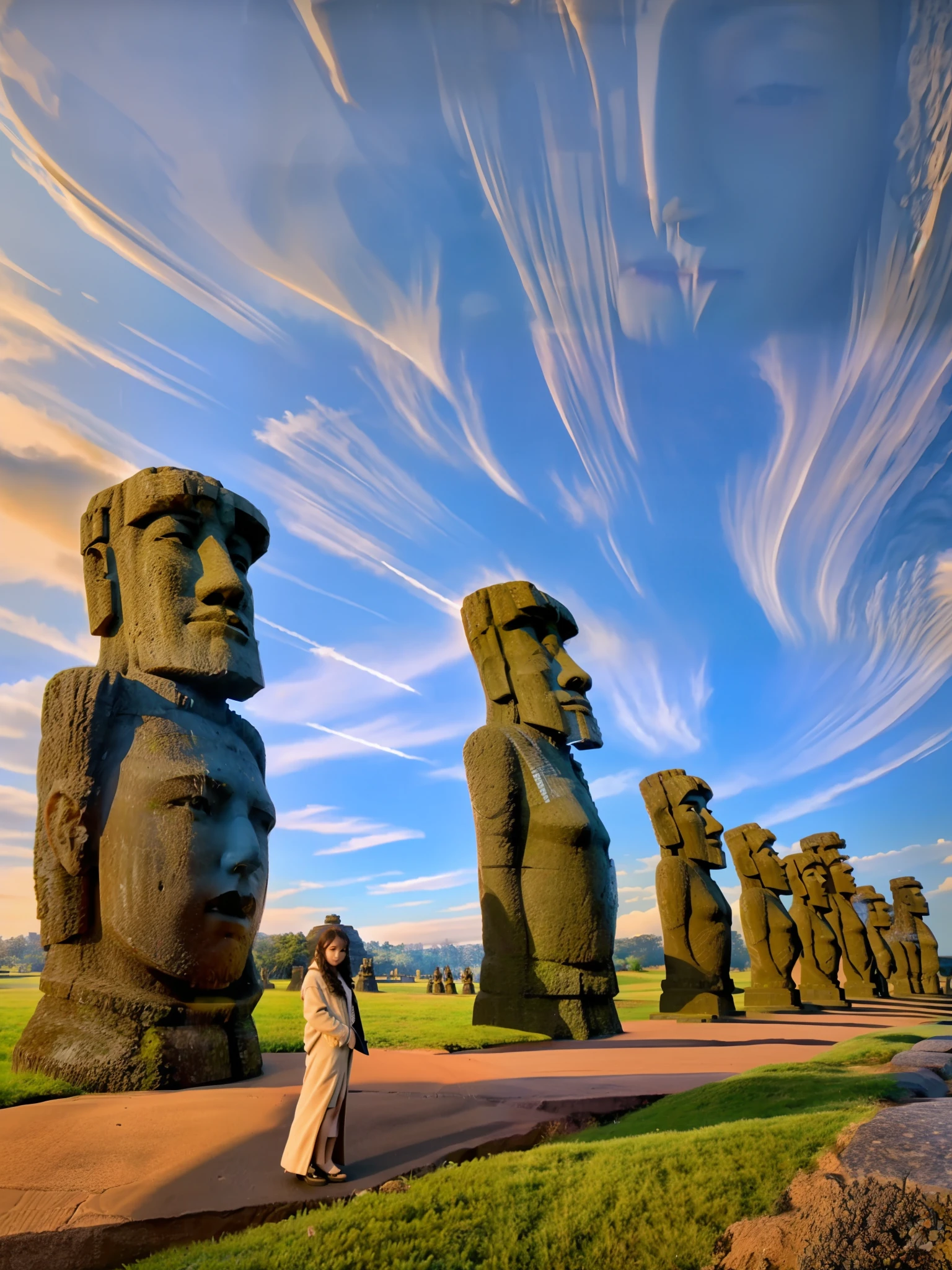 Alafed woman standing in front of a row of moai, Giant Moai statue, Large stone statue of the hero, Giant statues, Moai, Many stone statues, giant sculpture, stone statue, masterpiece work of art, Moai statue giving a TED talk, Huge and megalithic, Menacing statues, Huge tomb structure、top-quality、8K、masterpiece:1.3))、Standing、foco nítido:1.2、(realisitic、Photorealsitic:1.37)、((A smile))、Feet to the viewer、Feet in front of the audience、((((((Patterned)))),Gray pantyhose:1.3))、advance、White plaid micro mini skirt、Beautiful Face Woman、28 year old、pointed chest、NSFW、long eyeslashes、Colorcon、Big 、delicated、Very detailed eyes、Highly detailed eyebrows、((Beautiful ass))、(Sharp Eyebrows)、(Thin eyebrows)、very vey very detailed face、((Brunette short disheveled hair)),Erect ,Clothed、thong 、((((Camel colored rib knit long coat))))、(((Black long sleeve T-shirt)))frombelow、grass field、Detailed background(8K、masterpiece、top-quality、Raw foto)