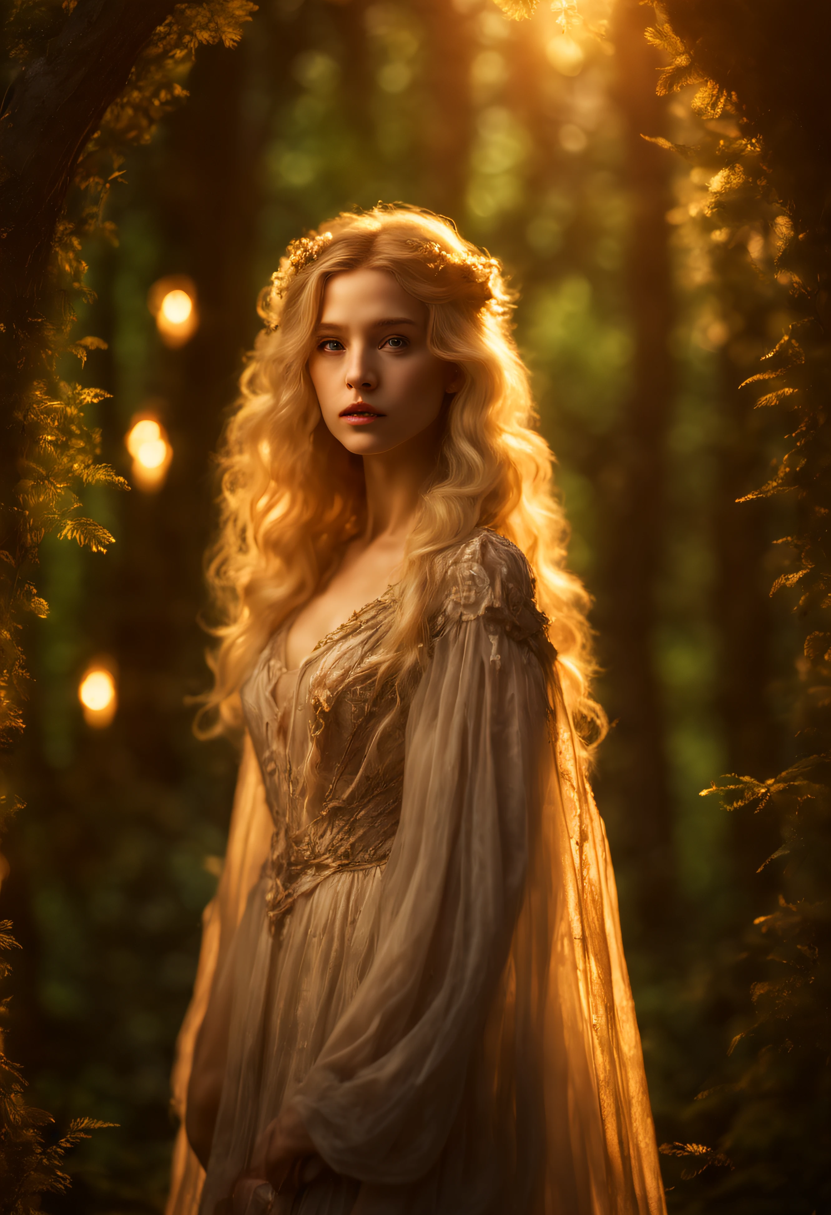 pre-raphaelite masterpiece, Extremely beautiful young fantasy princess in aesthetic forest, Glow, archs, Blonde hair, Backlit hair, Photorealistic, Dreamy, soft focus effect ,Sheer dress