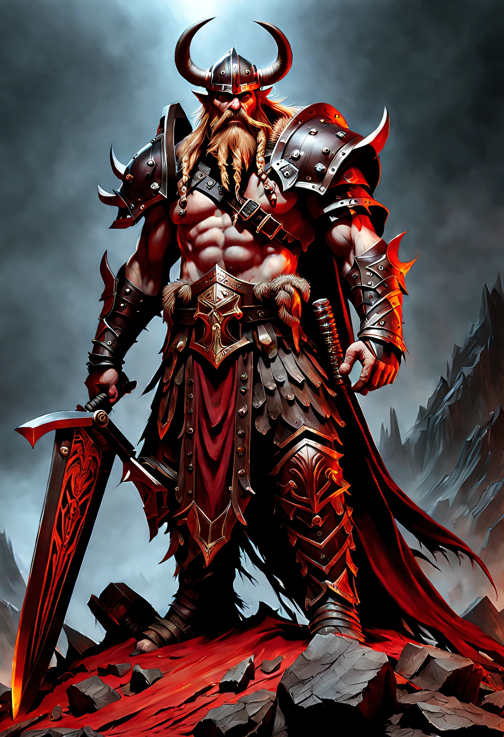 (an amazing illustration)) exemplary quality, ultra-detailed resolution,(a muscular barbarian, dragon wings, dark gray skin, wielding a giant and brutal axe),(a completely red sky) - (a dazzling style, detailed and very well defined stroke) --auto --s2