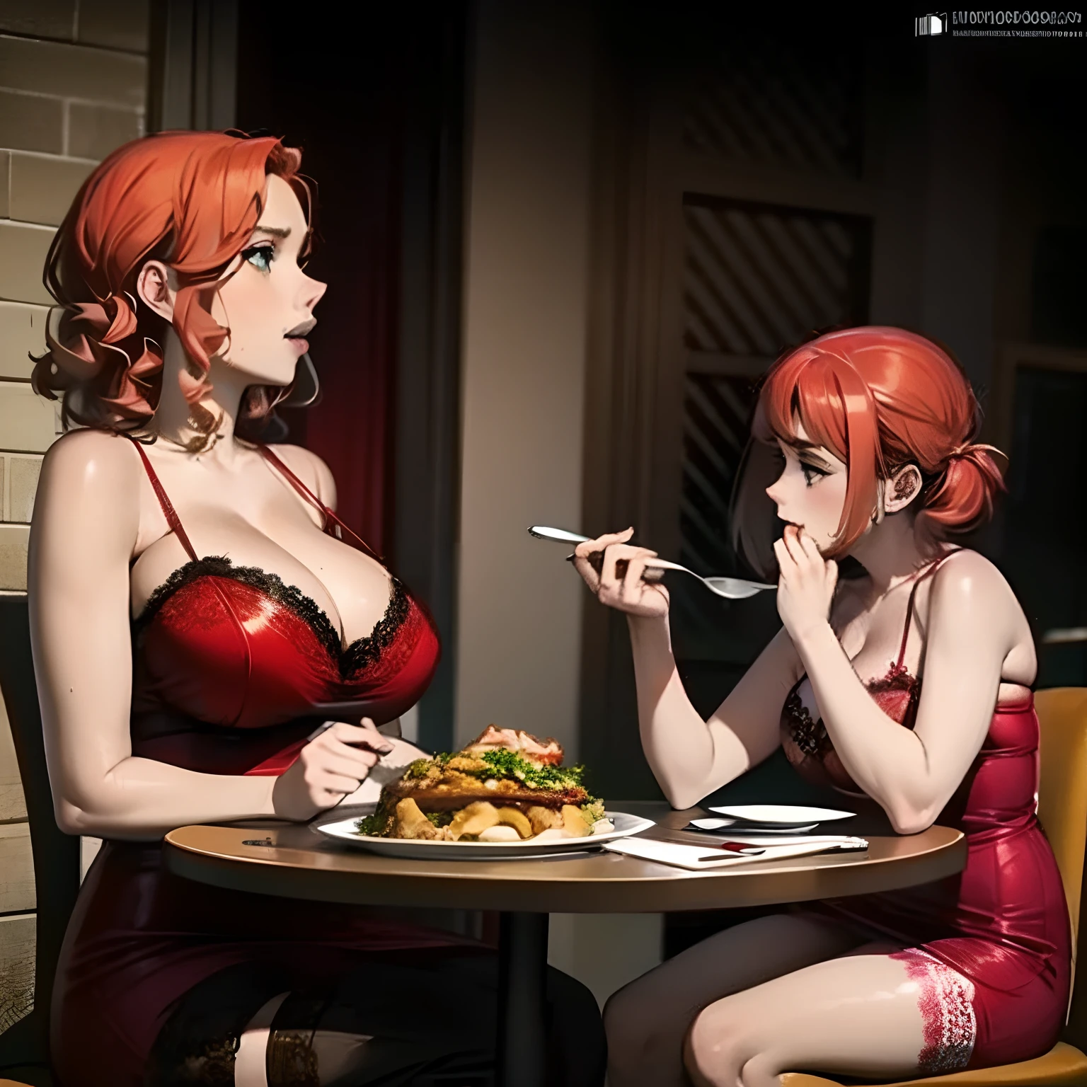 Scarlett Johansson, short hair, red hair, black lipstick, sitting at dinner table, sitting down, eating dinner, big boobs, huge boobs, red lingerie, red lace, red lace dress, short dress,