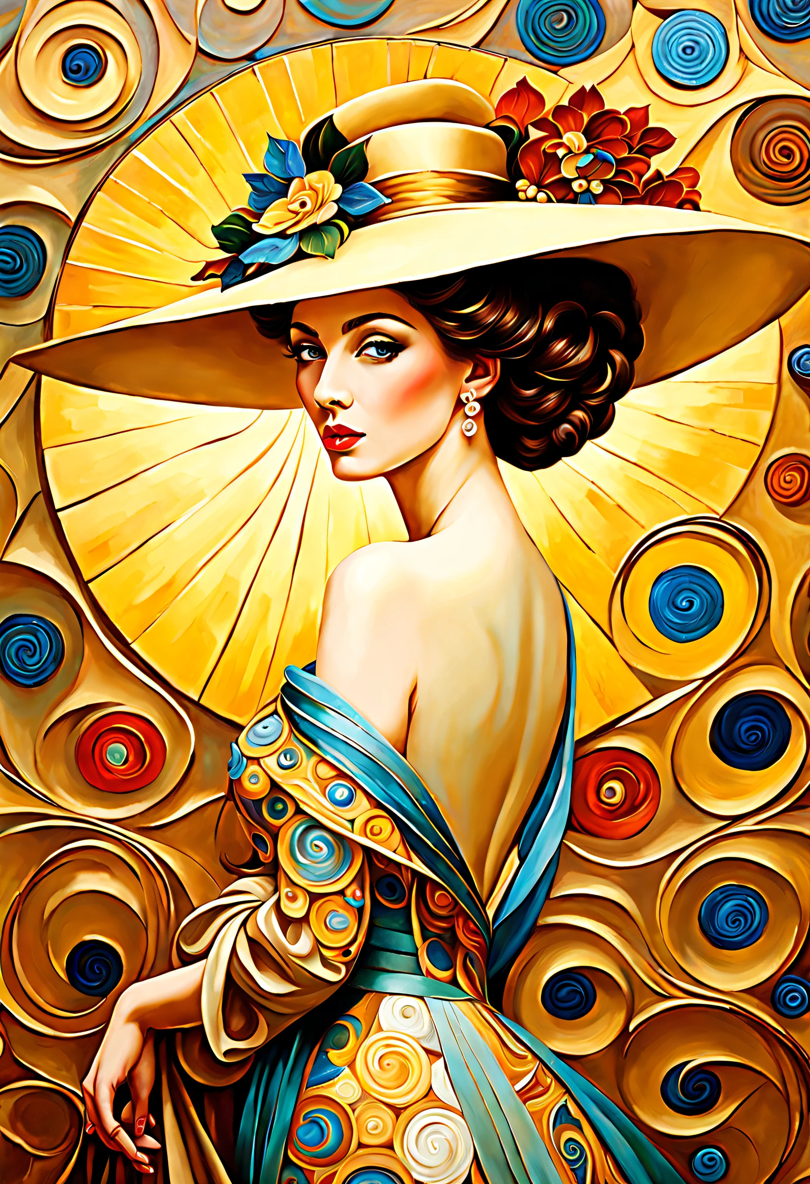 Fine Art, Oil painting, thick brushstokes, an elegant lady lost in her dreams, inspired by [Gustav Klimt | Vincent van Gogh | Pablo Picasso | Gil Elvgren], hat, captivating mosaic wall, swirls, Triadic colors, Art Nouveau, Byzantine Mosaics, gold accents, Elegance, Sophistication, Classy, highly refined, Stylish, complex background, Timeless, Luxury, Subtle, Graceful, High-end, intricate patterns, sensual forms, intricate textures, dramatic lighting, emotional depth, dehazed, perfect cohesive composition