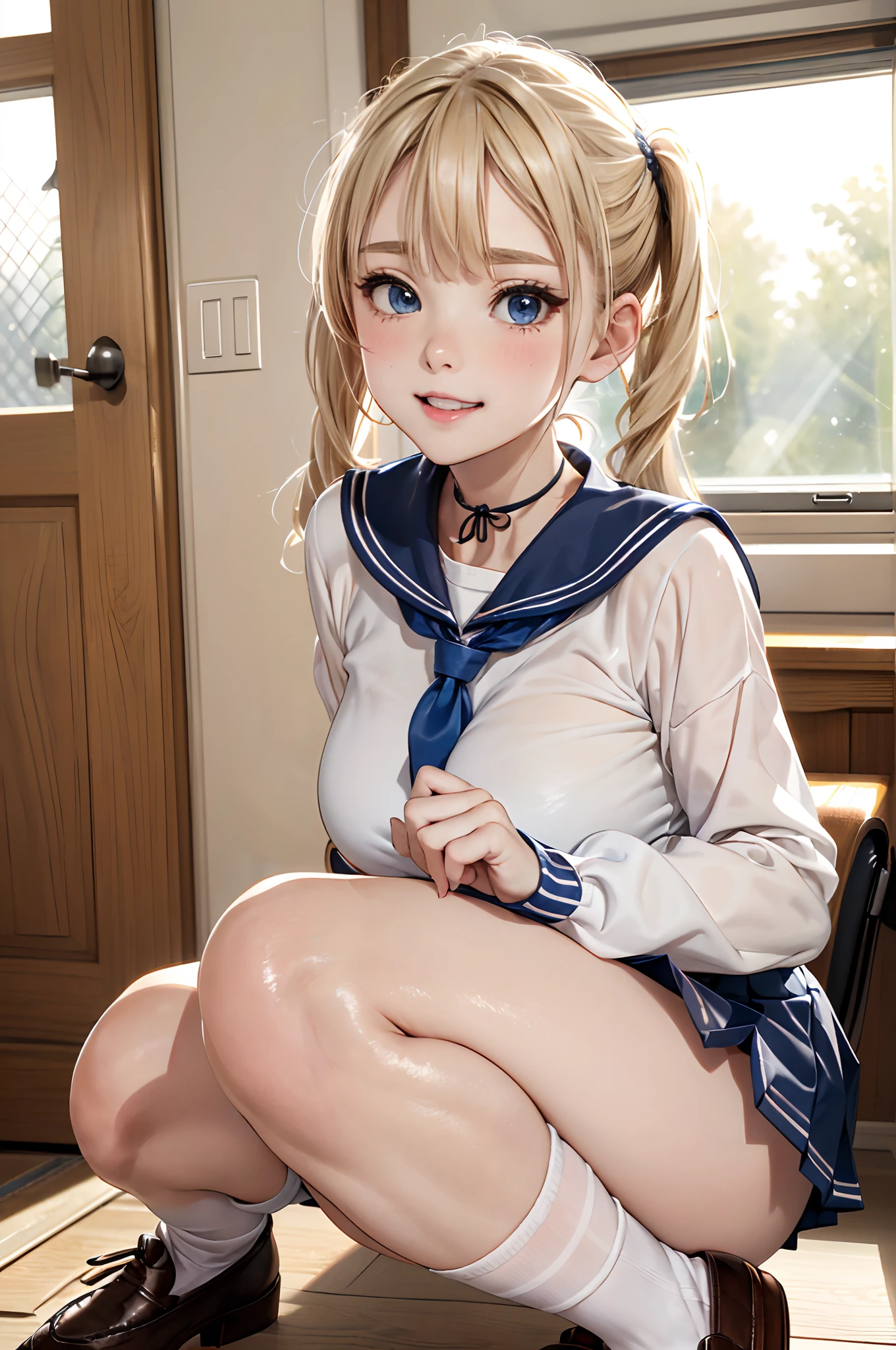 top-quality,ultra-detailliert,masterpiece,realisitic,Photo Real,(Bright lighting:1.2),(light coming through the window:1.4)1 girl in,(kawaii:1.2),Thin smile, (Deep Blue Eyes:1.3),(Blonde Short Low Twin Tail:1.2),(Pattsun bangs:1.4),perfect glossy skin,flawless skin,((accurate hands without incongruity)), large full breasts,big breasts thin waist, Look at viewers,(a sailor suit),(neck tie),(Blue Mini Pleated Skirt),(Black knee socks),(Loafer shoes), during daytime,