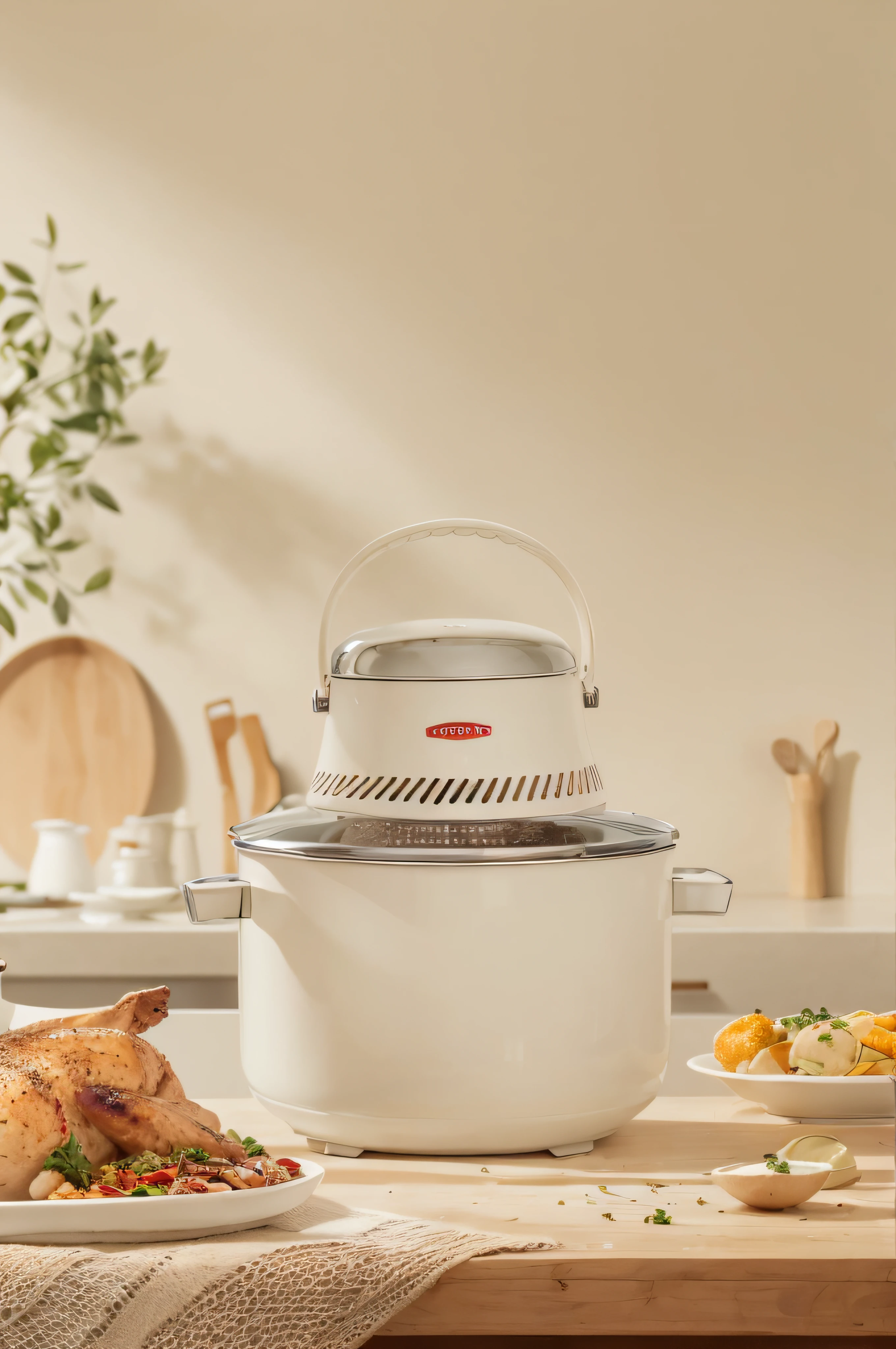 There is a white oven on the counter,There was a plate of food inside, Beige, Loftis, 8 l, 8l, Latin, 4l, crisp smooth lines, intense fantasy, warm features, turkey, beautiful coherent professional, lux 3 5 fle, detail shots, Inspired by Ladron, with accurate features