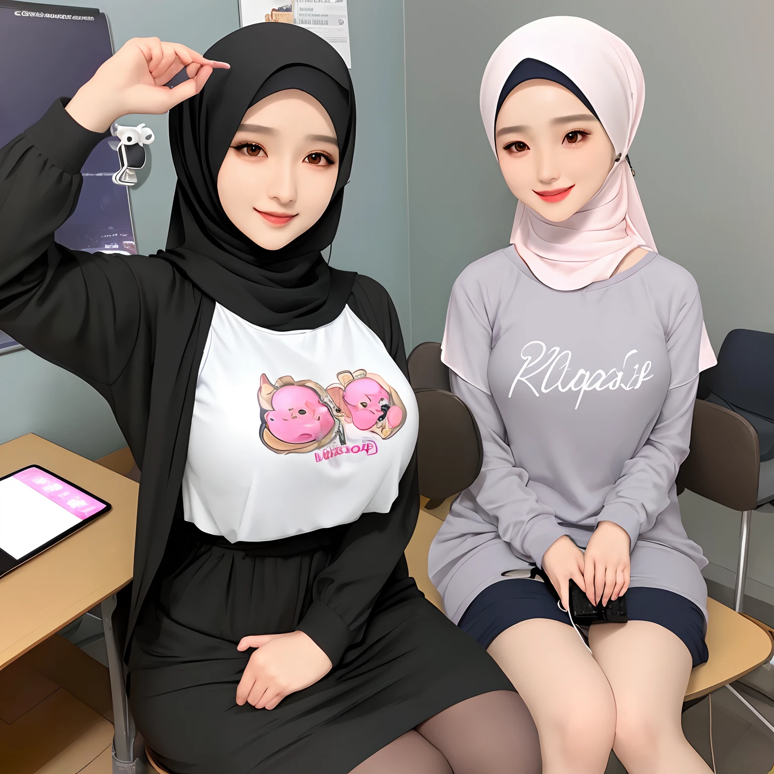 Hijab,realistic,kpop idol,1girl,korean girl,sexy,beautiful,he tall,super big breast,(P cup),happy and smile very detailed face,t-shirt,hijab,and long tight mini short outfit,in bedroom,table,chair,computer,earphone,handphone,hijab girl is player mobile gameplay,sitting on chair,use earphone in hijab,