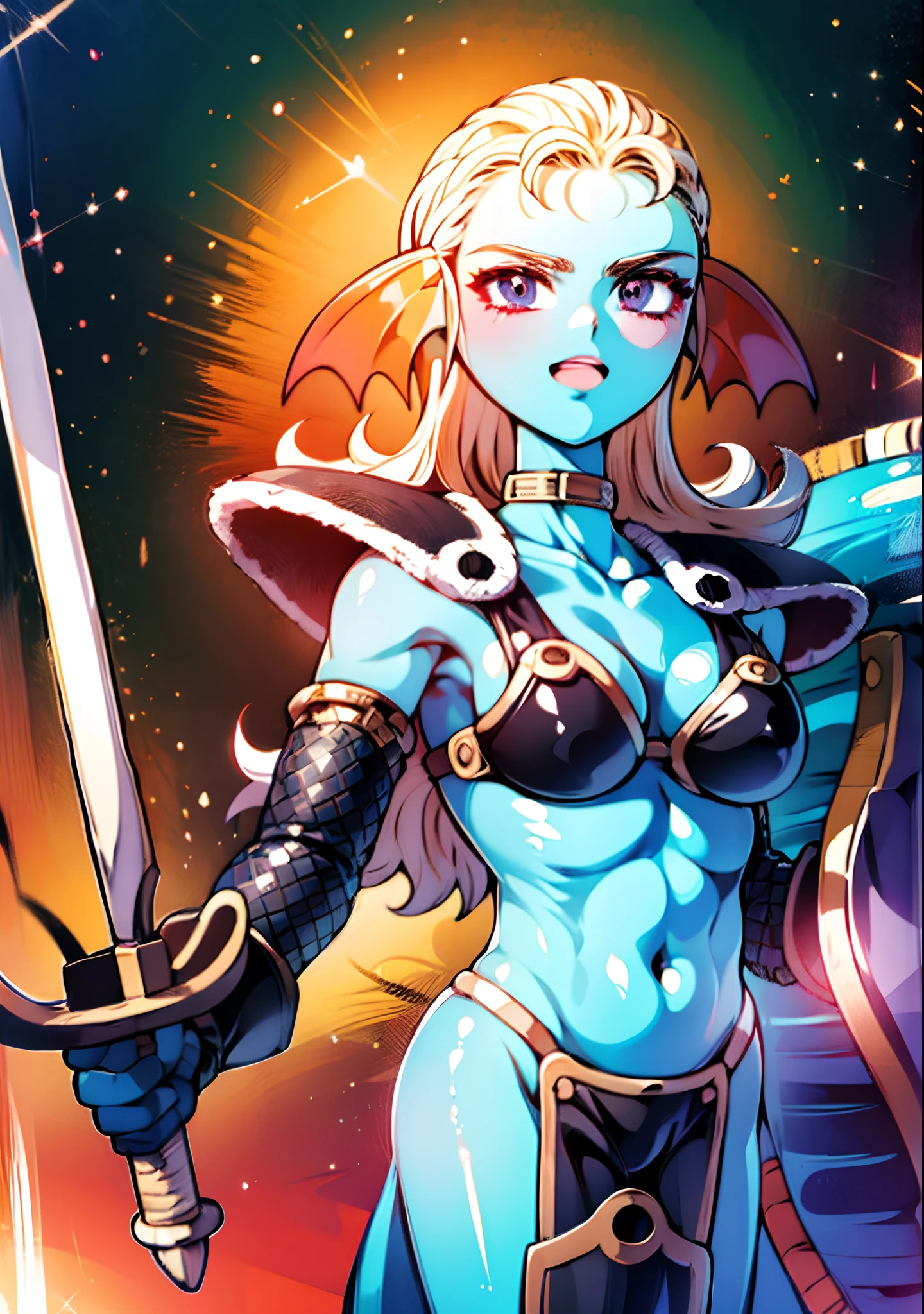 8K,High quality,Anime,married,Beautiful woman,Bright,Eye Highlights,Purple eyes,Sexy,ultra gigantic tits,oversized tits,Dark blue ,Erotic,beautiful line art. Blue skin, Blue and orange gradient fins, Black Bikini Armor, holding swords, Holding Shield, Bejeweled ornaments and bikini armor, Highly revealing outfits, Dark Facial Makeup,Light blue skin on the belly、Legs have light blue skin、