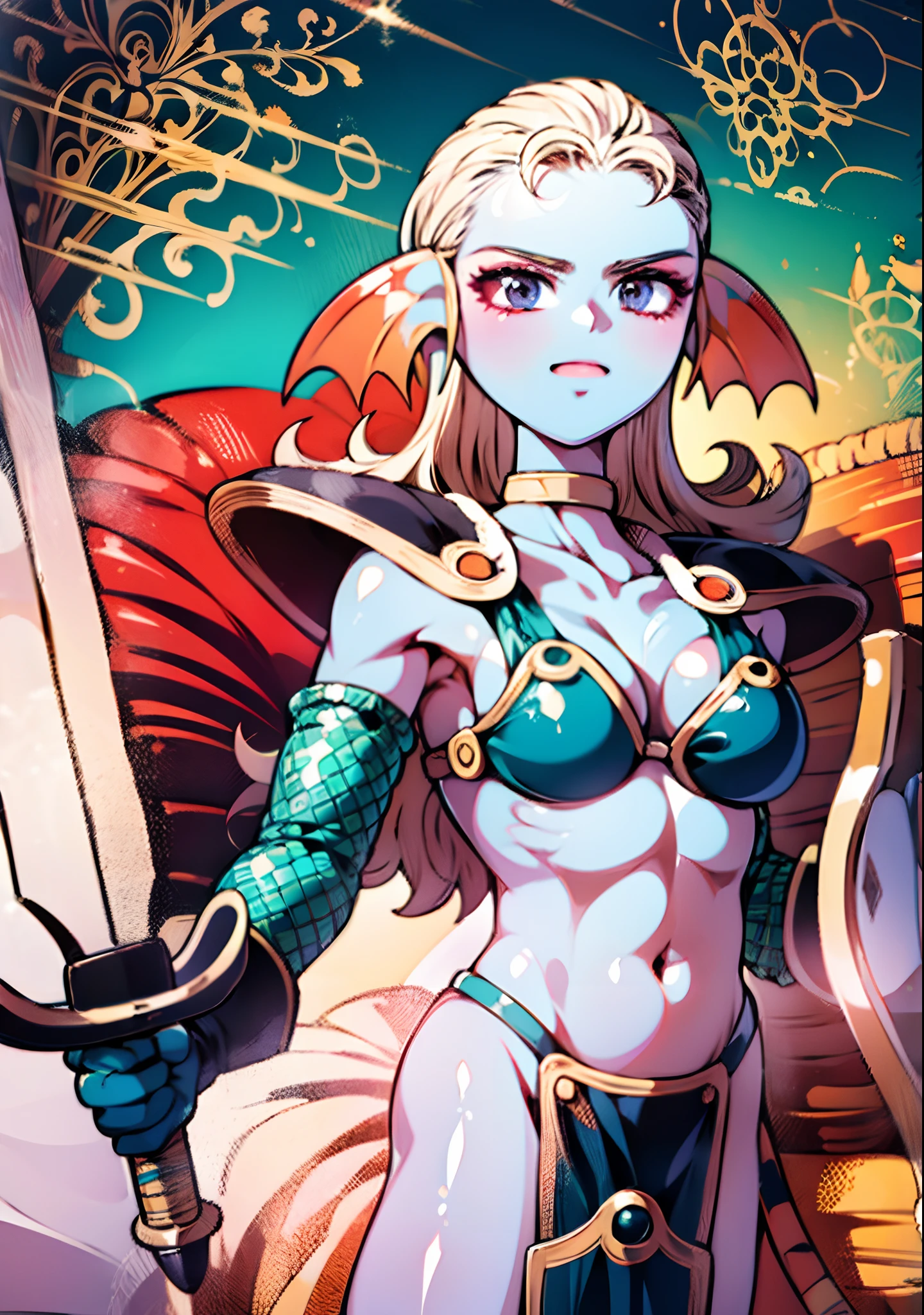 8K,High quality,Anime,married,Beautiful woman,Bright,Eye Highlights,Purple eyes,Sexy,ultra gigantic tits,oversized tits,Dark blue ,Erotic,beautiful line art. Blue skin, Blue and orange gradient fins, Black Bikini Armor, holding swords, Holding Shield, Bejeweled ornaments and bikini armor, Highly revealing outfits, Dark Facial Makeup,Light blue skin on the belly、Legs have light blue skin、