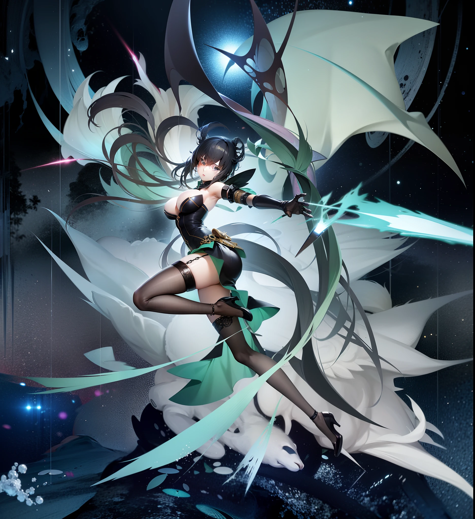 tmasterpiece,HighestQuali,Anime girl with black and green hair flying in the air, From Arknights, Digital art on Pixiv, Best anime 4k konachan wallpaper, Female action anime girl, anime abstract art, Detailed key anime art, high detailed official artwork, nightcore, trending on artstation pixiv, Anime epic artwork, Anime fantasy artwork, high definition anime art