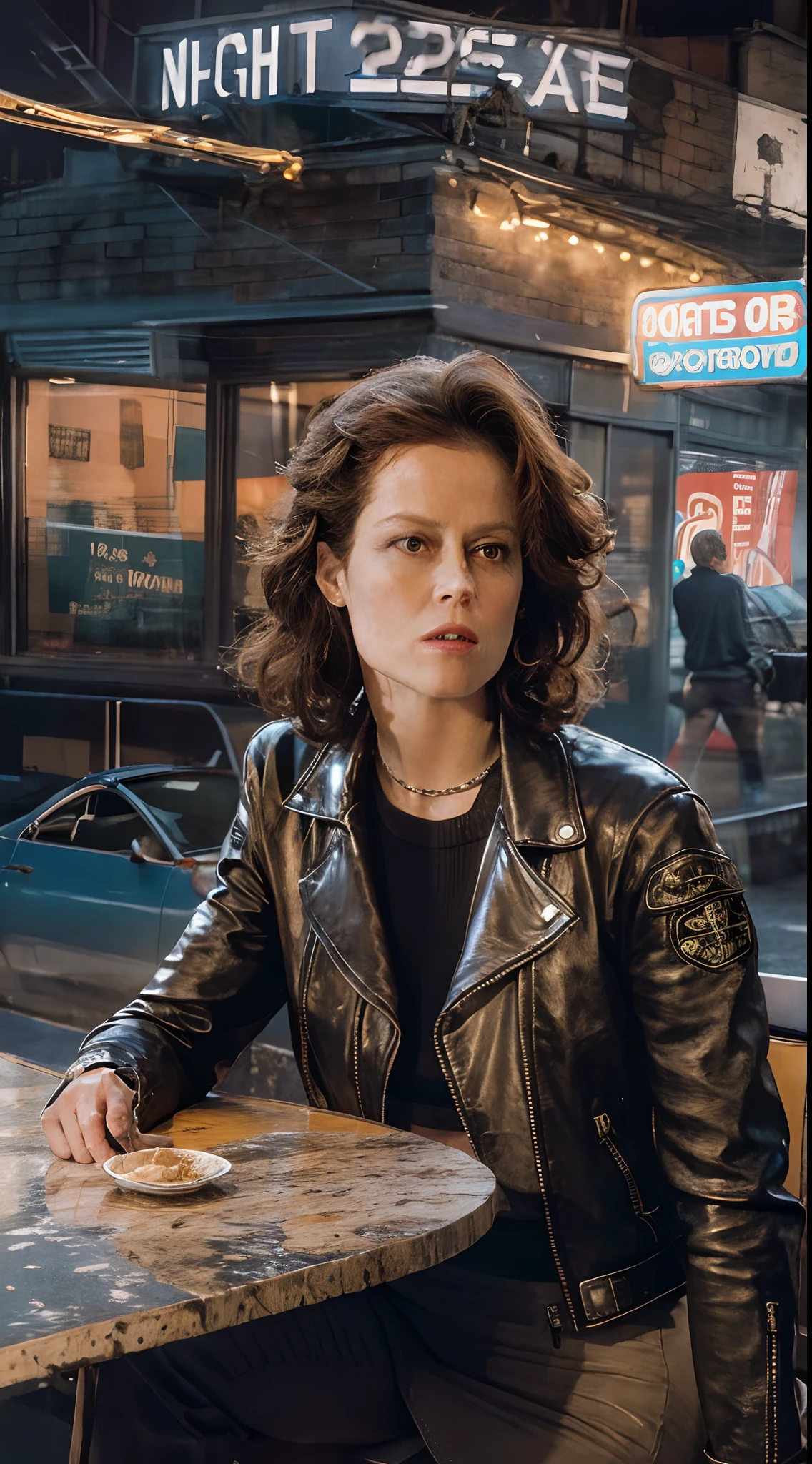 Girl Sigourney Weaver, leather jacket and crop top, Masterpiece, Against the backdrop of a roadside café, the night, hyper realisitc, real-photo, portraite of a