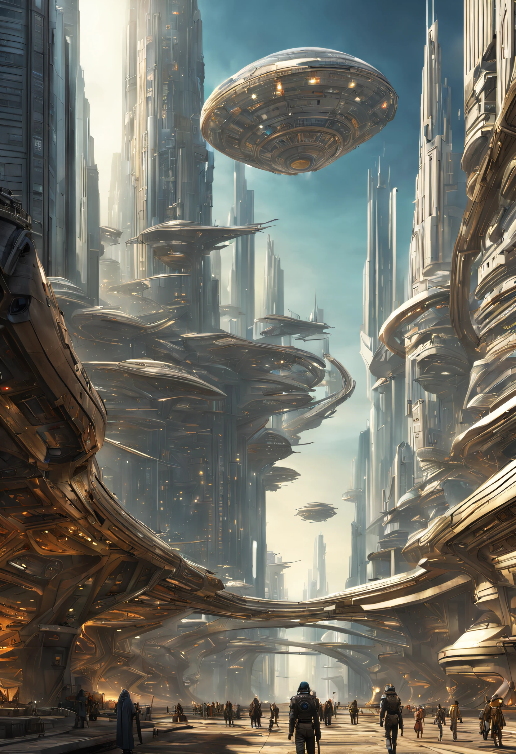 On an unknown planet there is a futuristic city with immense buildings of technological design que forman una infinita avenida, con estructuras acristaladas en plata, oro y bronce espectaculares en la que sobrevive un robot femenino espectacular. con colores vivos. pavimento ensolado. gente paseando. cierto aire a coruscant.