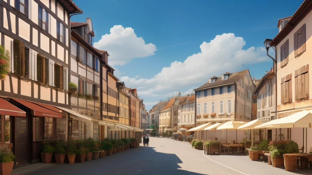 a cityscape, european town, street level, nice weather