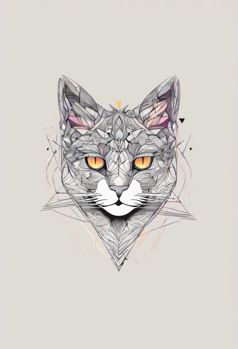 Colorful logo, Cute minimalist illustration of kitten head vector art, devant, magique, Design pointu, Memorandum of Understanding, couleur monochrome, Dark Magic Colorful Splatter Paint, Conception de t-shirt, Studio Ghibli Style, The design must be vector art . Using Adobe Illustrator, Create a, Logo simple mais captivant. Keep the design centered on the cat's eye, Capture its uniqueness and charm. The logo should evoke a sense of sophistication and tranquility. Emphasis on low-poly styling adds a touch of luxury. The overall aesthetic should be sleek and stylish, pertinent par rapport aux objectifs de votre marque et de votre logo, Black Backgrounds, ((Simemeter)) It's a little cat