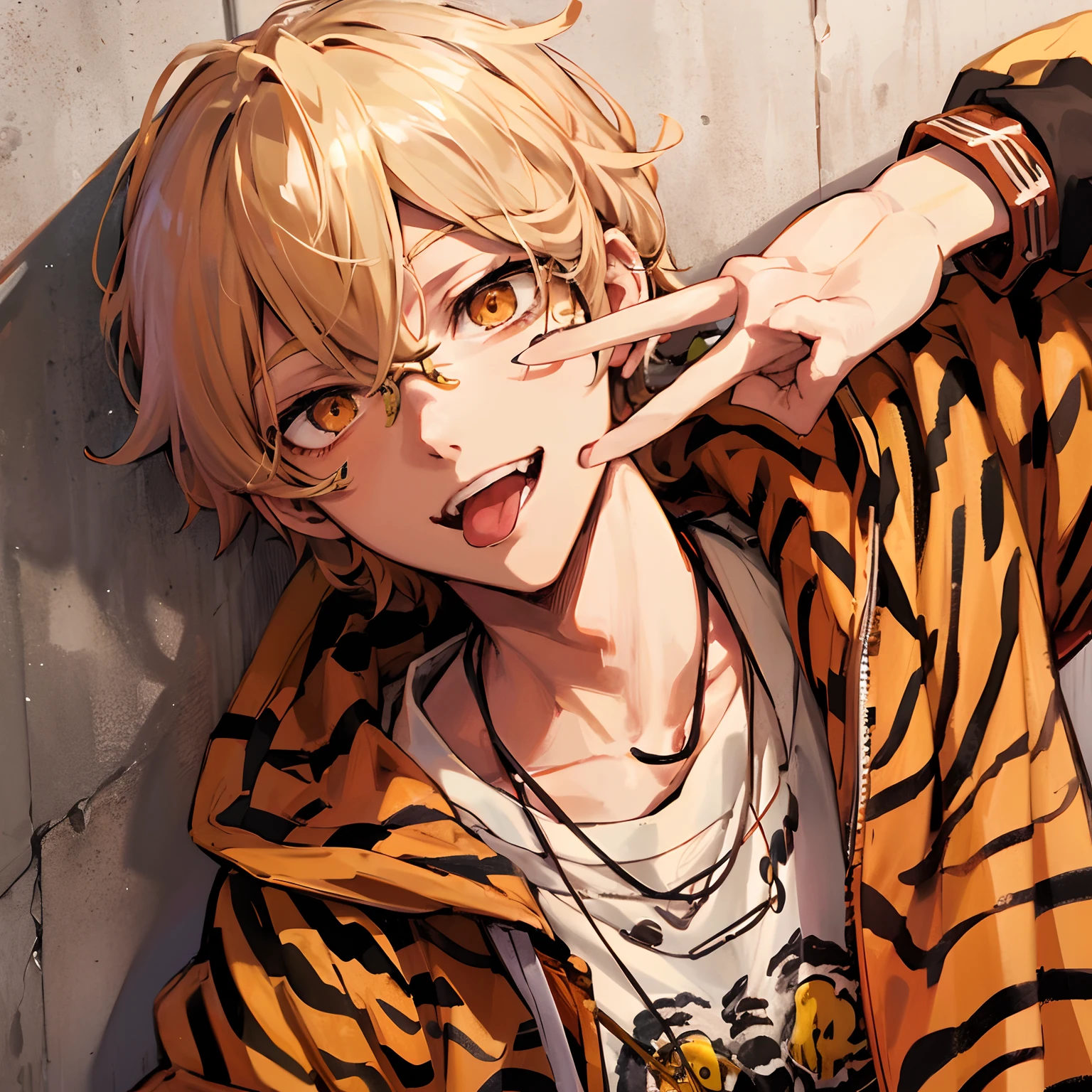 Japanese anime, beautiful young man, blond hair, orange eyes, tiger print jacket, tongue out, peace sign, orange sunglasses, Evil Smile, concrete wall in background, diagonal upward angle,