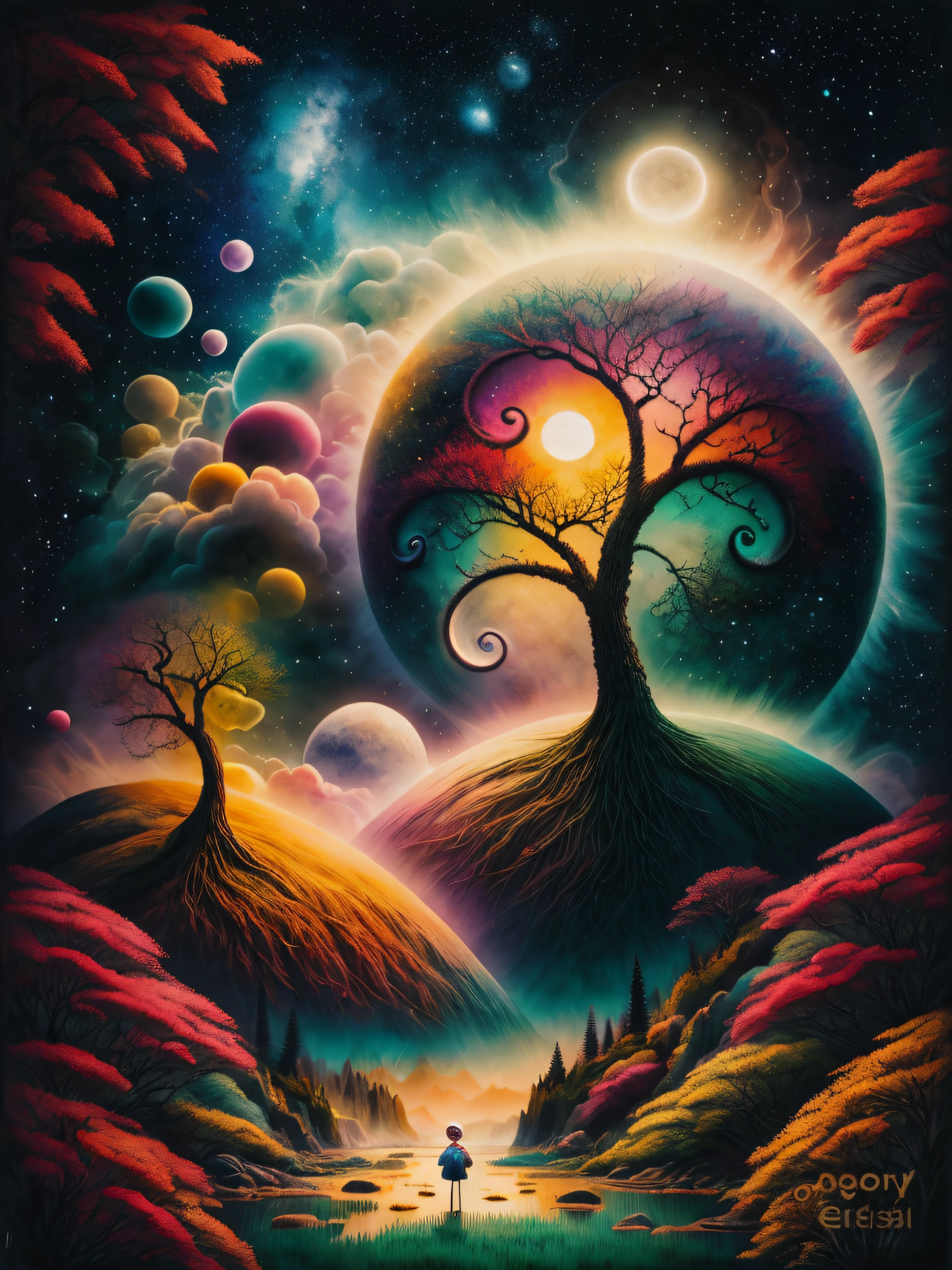 Autumn landscape painting, alta resolucion, hiperrealista, Arte digital surrealista, dreamlike surrealism, Hermosa obra de arte digital, Surrealist and fantastic art, Las estrellas son peces en las profundidades, Estilo Alexander Jansson, Copa Kerem, por Alexander Jansson, Arte surrealista, by Adam Marczyński, a beautiful artwork illustration, Estilo Mark Ryden, Mark Ryden muy detallado, Mark Ryden's Estilo, Mark Ryden en el estilo de, cute anthropomorphic bunny, por Mark Ryden, Surrealismo pop lowbrow, Arte hiperrealista