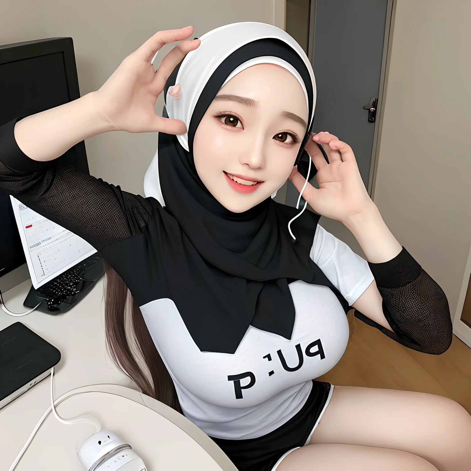 Hijab,realistic girl,kpop idol,1girl,korean girl,sexy,beautiful,he tall,super big breast,(P cup),happy and smile very detailed face,t-shirt,hijab,and long tight mini short pants outfit,in bedroom,table,chair,computer,earphone,handphone,hijab girl is player mobile gameplay,sitting,use earphone in hijab,His hands are in a waving or goodbye style