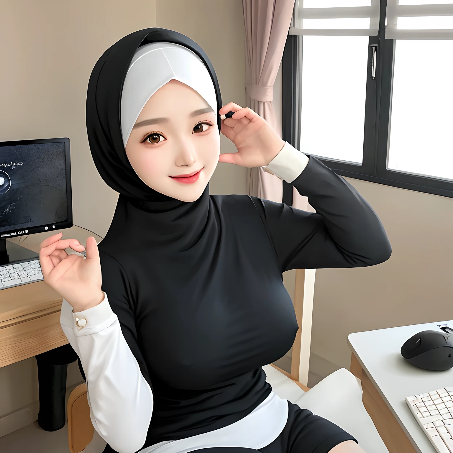 Hijab,realistic girl,kpop idol,1girl,korean girl,sexy,beautiful,he tall,super big breast,(P cup),happy and smile very detailed face,t-shirt,hijab,and long tight mini short pants outfit,in bedroom,table,chair,computer,earphone,handphone,hijab girl is player mobile gameplay,sitting,use earphone in hijab,His hands are in a waving or goodbye style