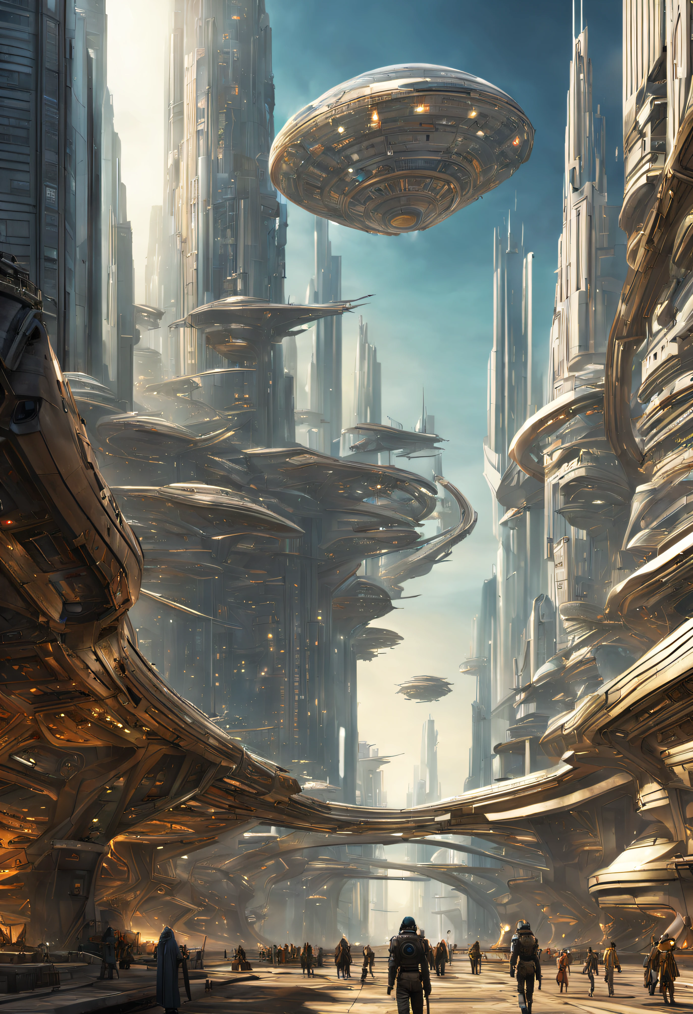 On an unknown planet there is a futuristic city with immense buildings of technological design que forman una infinita avenida, con estructuras acristaladas en plata, oro y bronce espectaculares en la que sobrevive un robot femenino espectacular. con colores vivos. pavimento ensolado. gente paseando. cierto aire a coruscant.