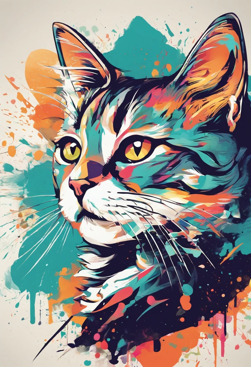 Colorful logo, Cute minimalist illustration of kitten head vector art, devant, magique, Design pointu, Memorandum of Understanding, couleur monochrome, Dark Magic Colorful Splatter Paint, Conception de t-shirt, Studio Ghibli Style, The design must be vector art . Using Adobe Illustrator, Create a, Logo simple mais captivant. Keep the design centered on the cat's eye, Capture its uniqueness and charm. The logo should evoke a sense of sophistication and tranquility. Emphasis on low-poly styling adds a touch of luxury. The overall aesthetic should be sleek and stylish, pertinent par rapport aux objectifs de votre marque et de votre logo, Black Backgrounds, ((Simemeter)) It's a little cat